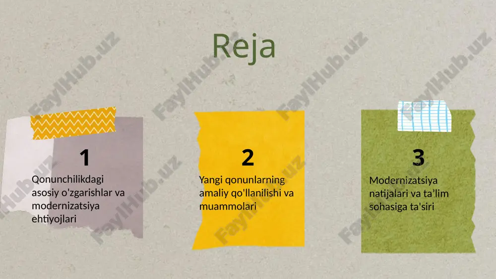 tuvchilar va talabalar uchun yangi pedagogik imkoniyatlar va motivatsiya yaratadi. yangi metodlar va yondashuvlar interaktiv, shaxsiylashtirilgan va innovatsion ta'lim usullari joriy qilinmoqda. muammolar va yechimlar yangi qonunlar bilan bog'liq asosiy muammolar: byurokratiya, tushunmovchiliklar va institutlarning qarshiligi. bu muammolar qonunchilik jarayonini sekinlashtiradi. muammolarni hal qilish uchun takliflar: jamoatchilik muhokamalari, ta'lim, texnologik yechimlar va qonunlarni soddalashtirish orqali muammo hal qilinishi mumkin. amaliy misollar: estoniya va gruziyada qonunlarni modernizatsiya qilish, raqamli davlat xizmatlari va jamoatchilik bilan hamkorlik muvaffaqiyatli natijalar keltirdi. taʼlim sohasida modernizatsiya natijalari taʼlim tizimida modernizatsiya jarayoni texnologik rivojlanish, pedagogik yondashuvlarning o'zgarishi va davlat siyosati bilan bog'liq. bu jarayon yangi metodlar, o'qitish shakllari va texnologiyalarni joriy qilish orqali ta'lim sifatini oshirishga qaratilgan. o'zgarishlarning ta'lim sifatiga ta'siri keng ko'lamli bo'lib, o'quvchilarning kompetensiyalarini rivojlantirish, individual yondashuvlarni qo'llash va raqamli ta'lim muhitini yaratishga imkon berdi. bu esa bilim darajasining oshishi va amaliy ko'nikmalarining rivojlanishiga olib kelmoqda. innovatsion yondashuvlar, jumladan, onlayn ta'lim, interaktiv darslar va virtual …