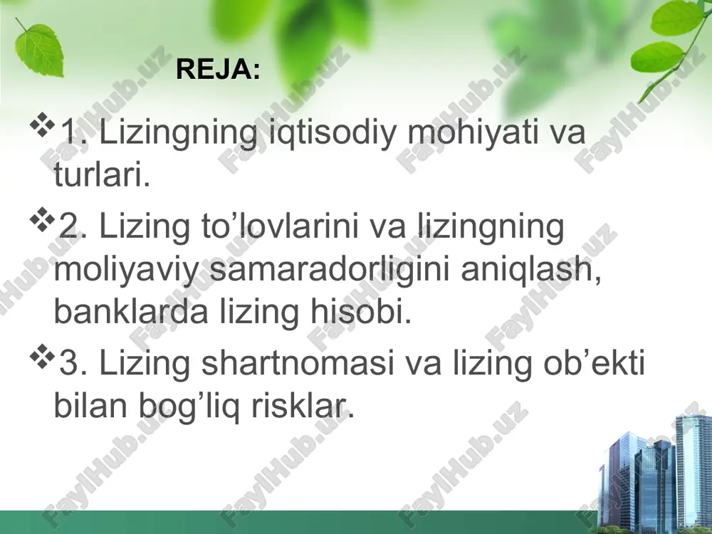 l.n. tomonidan keng asoslab berilgan ma’lum farqlanishlari ham mavjud: 1.ijaradan farqli o’laroq lizing munosabatlari lizing beruvchi va lizing oluvchi bilan bir qatorda lizing mulkining sotuvchisini ham o’z ichiga oladi; 2.lizingda mulkni va uni ishlab chiqaruvchisini tanlash huquqi sotib oluvchiga beriladi. bunda lizing beruvchi lizing predmeti uni lizingga berish maqsadida sotib olinayotganligi haqida sotuvchini xabardor qiladi. ijarada sotuvchi mustaqil o’ringa ega emas va deyarli ishtirok etmaydi; 3.lizingda lizing oluvchiga sotib oluvchiga xos bo’lgan huquq va majburiyatlar beriladi va yuklatiladi: mulk bevosita sotuvchi tomonidan lizing oluvchiga beriladi, lizing beruvchi esa faqatgina mulk qiymatini to’lab beradi. ijara munosabatlariga esa bu xos emas; 4.ijara va lizing shartnomalarida tavakkalchilik turlicha belgilanadi. ijara shartnomasi bo’yicha ijaraga beruvchi mulkni ishlatishga to’siq bo’layotgan barcha etishmovchiliklar uchun ijarachi oldida javob beradi. lizing shartnomasiga muvofiq esa lizing beruvchi lizingga berilgan mulkdagi etishmovchilik va kamchiliklarga iste’molchi oldida javobgar emas, chunki lizing oluvchi ta’minotchini o’zi mustaqil tanlagan. lizing oluvchiga etkazilgan zararga javobgarlik, …
