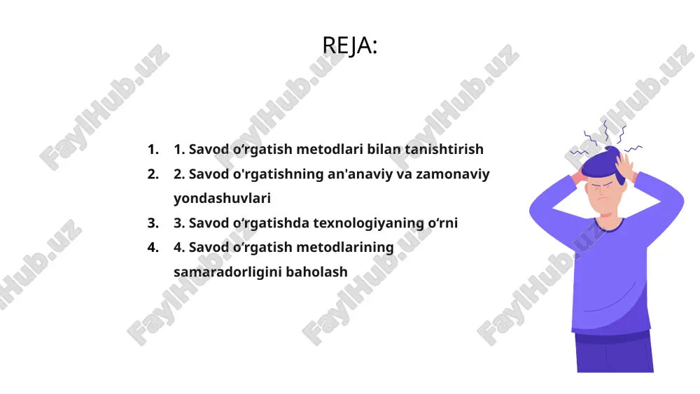 hilar an’anaviy o‘qitish usullarini to‘ldirishini ta’minlash uchun texnologiyani savodxonlik o‘rgatish jarayoniga sinchkovlik bilan kiritishlari muhim. ikkala dunyoning eng yaxshi tomonlarini birlashtirib, o'qituvchilar savodxonlik ta'limiga muvozanatli va samarali yondashuvni yaratishi mumkin. 4. savod o‘rgatish metodlarining samaradorligini baholash savodxonlikka o'rgatish usullarini baholashda qaysi yondashuvlar eng yaxshi natija berishini aniqlash uchun qiyosiy va tanqidiy tahlil o'tkazish juda muhimdir. savodxonlikka o'rgatish usullarining samaradorligini baholash o'quvchilarning faolligi, o'zlashtirish darajasi va umumiy ta'lim natijalari kabi omillarni o'rganishni o'z ichiga oladi. to‘liq baholashni o‘tkazish orqali o‘qituvchilar turli xil o‘qitish usullarining kuchli va zaif tomonlarini aniqlashlari va savodxonlikni oshirish bo‘yicha asosli qarorlar qabul qilishlari mumkin. 5. savod o‘rgatishda tabaqalashtirilgan o‘qitish savodxonlikni o'rgatishda tabaqalashtirilgan ta'lim o'quvchilarning turli ehtiyojlarini qondirish uchun darslarni moslashtirishga qaratilgan bo'lib, shaxsiylashtirilgan ta'lim tajribasiga imkon beradi. shaxsiy kuchli va zaif tomonlarini tan olgan holda, o'qituvchilar barcha talabalarning muvaffaqiyatga erishish imkoniyatiga ega bo'lishlarini ta'minlash uchun maqsadli yordam va yordam ko'rsatishlari mumkin. ushbu yondashuv inklyuzivlikni targ'ib qiladi va …