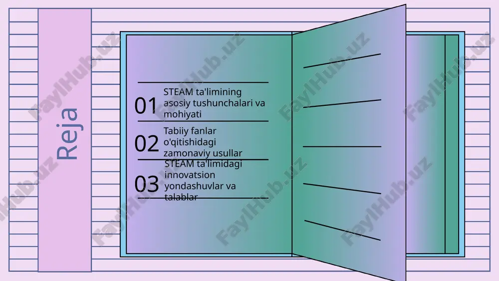 larini amalda qo'llash imkoniyatiga ega bo'lishadi. steam ta'limining afzalliklari steam ta'limida interaktivlik tabiiy fanlar va steam steam ta'limi tabiiy fanlarni san'at va muhandislik bilan integratsiyalash orqali o'quvchilarning ijodkorligini oshiradi. bu yondashuv o'quvchilarga muammoni hal qilishda yanada kengroq fikrlash imkonini beradi. o'quvchilarning qiziqishini oshirish uchun amaliy tajribalar va loyiha asosida o'qitish muhimdir. bu yondashuv o'quvchilarning o'z-o'zini motivatsiya qilishlariga va fanlarga bo'lgan qiziqishlarini oshirishga yordam beradi. tabiiy fanlar, biologiya, kimyo, fizika kabi fanlarni o'z ichiga oladi. ular o'zaro bog'liq bo'lib, tabiatni tushunishga yordam beradi. tabiiy fanlarni o'qitishda interaktiv usullar, tajribalar va guruh ishlari qo'llanilishi kerak. bu usullar o'quvchilarning bilimlarini amaliyotda qo'llashlariga yordam beradi. photo by ashkan forouzani on unsplash 01 03 02 04 keng bilim bazasi maqsadga erishishda qiyinchiliklar yangi texnologiyalarni joriy etish raqobatchilar faoliyati bizda keng bilim va tajriba mavjud, bu bizga muammolarni hal qilishda yordam beradi. maqsadga erishishda qiyinchiliklar mavjud, bu rivojlanishimizga to'sqinlik qilishi mumkin. yangi texnologiyalarni joriy etish orqali …
