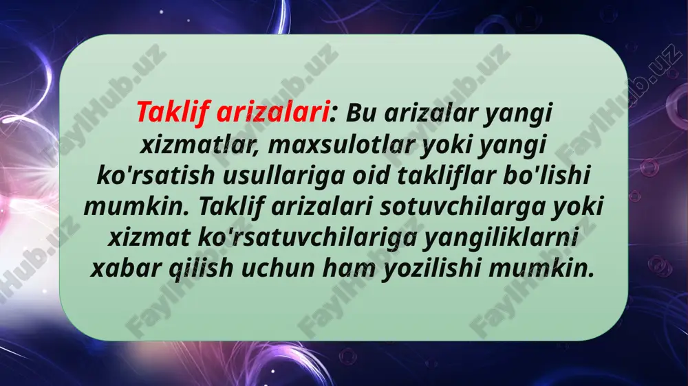 jozlarni qondirish uchun yordam beradi. jamiyatda odatda ariza yozish shakl va usullari o'zgarib borayotgan edi. bugungi kunda, boshqa mamlakatlardagi ko'plab shakllarini qabul qilish orqali, hukumatlar, korxonalarga va xizmat ko'rsatuvchilarga yordam berishning yanada ko'proq onlayn yoki kompyuter tizimlarini ishlatishga qaratilmoqda. shuningdek, o'z xizmat ko'rsatish tashkilotlari va korxonalari o'z saytlari orqali arizalar yuborishni qo'llaydilar. ariza yozishda formal yozish shakli muhimdir, chunki bu shakl muayyan ariza qabul qiluvchi tomonidan qabul qilinadigan keyingi jarayonlar uchun asosdir. ariza yozishda kerakli ma'lumotlar kiritilishi va yozish shakli qoidalarga rioya qilingan holda yozilishi kerak. arizalar odatda "salom" yoki "salomatliklar" bilan boshlanadi va "raqamli imzo", "hurmat bilan" yoki "juda rahmat" kabi matnlarga tayyorlanadi. image2.png image3.png image4.jpeg image5.jpeg image6.jpeg image7.jpeg image8.jpeg image9.jpeg image10.jpeg image11.jpeg image1.png /docprops/thumbnail.jpeg