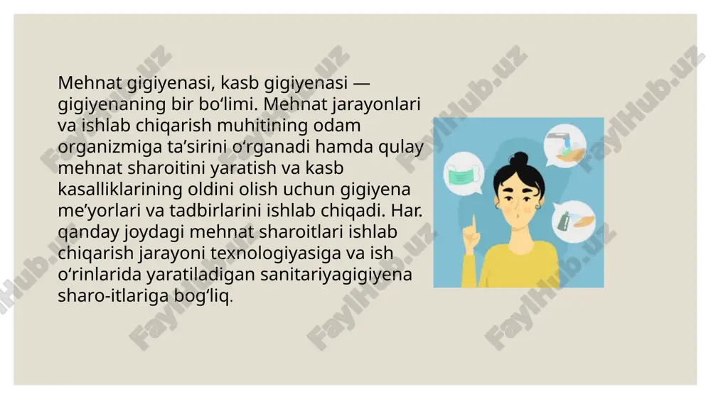 ilash oʻzrda umumdavlat vazifasi hisoblanadi. "oʻzbekiston respublikasi davlat sanitariya nazorati toʻgʻrisidagi nizom"ga muvofiq, m.g . sohasida davlat sanitariya nazoratining bajaradigan asosiy vazifasi sanitariya qonunlariga rioya qilinishini kuzatib borishdir (qarang davlat sanitariya nazorati). m.g .da nazorat olib borish uchun turli usullardan foydalaniladi. shulardan asosiysi sanitariyagigiyena tekshiruvlaridir. obhavoga tegishli omillar; havoning ifloslanish darajasi, vibratsiya, shovqin, radioaktiv nurlarni oʻlchash va boshqa ishlarda shu metod qoʻllanadi. bundan tashqari, fiziologik, statistik hamda eksperimental tekshiruv usullari ham bor. m.g . ishlab chiqarish da odam organizmining fiziologik va biologik talablariga hammadan koʻra koʻproq muvofiq keladigan gigiyena normativlarini belgilab olish maqsadida organizm bilan ishlab chiqarish muhiti oʻrtasida boʻlib turadigan oʻzaro taʼsir qonuniyatlarini ham oʻrganadi mamlakatda joriy etilgan tartibqoidaga muvofiq, ishlab chiqarish omillarining birontasi ham yoʻl qoʻyiladigan normadan yoki eng katta konsentratsiyadan ortiq boʻlmasligi, ishlovchilar ularga cheksiz uzoq vaqt davomida yaqin yurganida omillar oʻsha odamlarga muayyan kasallik yoki sezilarli biror oʻzgarish paydo qilmasligi kerak. mehnat gigeyenasi . oʻzr sogʻliqni …