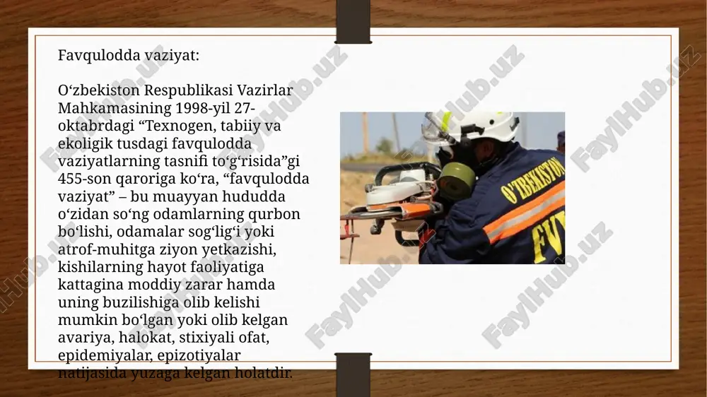 odda vaziyat - favqulodda vaziyat natijasida 10 dan ortiq bo‘lmagan odam jabrlangan yoxud 100 dan ortiq bo‘lmagan odamning hayot faoliyati sharoitlari buzilgan yoxud moddiy zarar favqulodda vaziyat paydo bo‘lgan kunda bazaviy hisoblash miqdorining 1000 baravaridan ortiq bo‘lmaganni tashkil etadigan hamda favqulodda vaziyat zonasi ishlab chiqarish obyekti yoki ijtimoiy maqsadli obyekt hududi tashqarisiga chiqmaydigan favqulodda vaziyat. ii. mahalliy favqulodda vaziyat - favqulodda vaziyat natijasida 10 dan ortiq, biroq 500 dan ko‘p bo‘lmagan odam jabrlangan yoxud 100 dan ortiq, biroq 500 dan ko‘p bo‘lmagan odamning hayot faoliyati sharoitlari buzilgan yoxud moddiy zarar favqulodda vaziyat paydo bo‘lgan kunda bazaviy hisoblash miqdorining 1000 baravaridan ortiqni, biroq 500 ming baravaridan ortiq bo‘lmagan miqdorni tashkil etadigan hamda favqulodda vaziyat zonasi aholi punkti, shahar, tuman, viloyat tashqarisiga chiqmaydigan favqulodda vaziyat. iii. respublika favqulodda vaziyati - favqulodda vaziyat natijasida 500 dan ortiq odam jabrlangan yoxud 500 dan ortiq odamning hayot faoliyati sharoitlari buzilgan yoxud moddiy zarar favqulodda vaziyat …