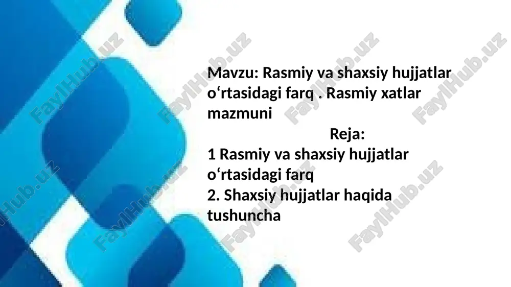 xatlar matnida ikki xil mazmunda tushuniladigan jumlalar bo‘lmasligi uchun ko‘chma ma’nodagi so‘z va iboralarni qo‘llashda ehtiyotkorlik, sinchkovlik talab etiladi. rasmiy xatlar tilida aniqlik va qisqalik asosiy mezon hisoblanadi. bunday xatlar tili va uslubi qonunlar tiliga qo‘yiladigan talablar darajasida bo‘lishi zarur. mavzu: telegramma . faksogramm matnlari tarkibi ularni tayyorlash reja: 1.telegramma haqida maʼlumot 2.telegrammaning matni 3.faksogramma haqida tavsif telegramma - muhim xabarning telegraf orqali berilgan nihoyatda qisqa shakli. u bir muassasadan (yoki shaxsdan) ikkinchisiga yo‘llangan rasmiy hujjat hisoblanadi. xizmat yozishmalarining boshqa turlari belgilangan manzilga xabarni o‘z vaqtida yetkazilishini ta’minlay olmasa, uni zudlik bilan yetkazish uchun telegrafdan foydalaniladi. telegramma, qoidaga binoan, maxsus bosma ish qog‘ozlarida rasmiylashtiriladi. telegramma jo‘natuvchining adresi, mansabdor shaxsning imzosi va sana kichik harflar bilan yoziladi. qo‘lda yozilganda, harflar yirik- yirik, so‘zlar orasi esa aniq va ravshan bo‘lishi kerak. telegramma bosma ish qog‘ozining yoki oq qog‘ozning faqat bir tomoniga yoziladi. telegramma matni «telegraf uslubi» deb yuritiluvchi qisqa va siqiq uslubda …