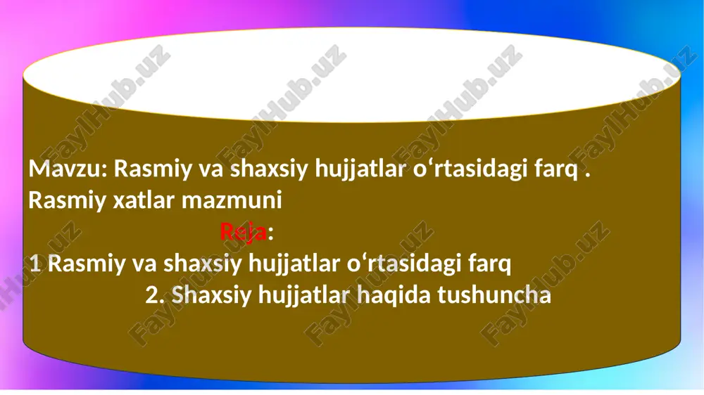 ‘lami keng bo‘lib, bunday yozishmalar vositasida turli ko‘rsatmalar, so‘rovlar, javoblar, tushuntirishlar, xabarlar, takliflar, iltimoslar,kafolatlar beriladi yoki qabul qilinadi. mazmun jihatdan turlicha bo‘lgan bunday hujjatlar umumlashtirilgan holda xizmat xatlari deb yuritiladi. rasmiy xatlarni tuzuvchi shaxs ma’lum malakaga ega bo‘lishi kerak. rasmiy xatlarni to‘g‘ri va tez tuzish, avvalo, o‘zbek tilining o‘ziga xos xususiyatlarini, shuningdek zamonaviy rasmiy uslubni va unga qo‘yiladigan talablarni bilishni taqozo etadi. ushbu talablarni bajarmaslik, birinchidan, xatlar bilan ishlashni qiyinlashtiradi, ikkinchidan, ularning huqiqiy va amaliy ahamiyatini yo‘qotadi. rasmiy xatlar matnida ikki xil mazmunda tushuniladigan jumlalar bo‘lmasligi uchun ko‘chma ma’nodagi so‘z va iboralarni qo‘llashda ehtiyotkorlik, sinchkovlik talab etiladi. rasmiy xatlar tilida aniqlik va qisqalik asosiy mezon hisoblanadi. bunday xatlar tili va uslubi qonunlar tiliga qo‘yiladigan talablar darajasida bo‘lishi zarur. mavzu: telegramma . faksogramm matnlari tarkibi ularni tayyorlash reja: 1.telegramma haqida maʼlumot 2.telegrammaning matni 3.faksogramma haqida tavsif telegramma - muhim xabarning telegraf orqali berilgan nihoyatda qisqa shakli. u bir muassasadan (yoki shaxsdan) …
