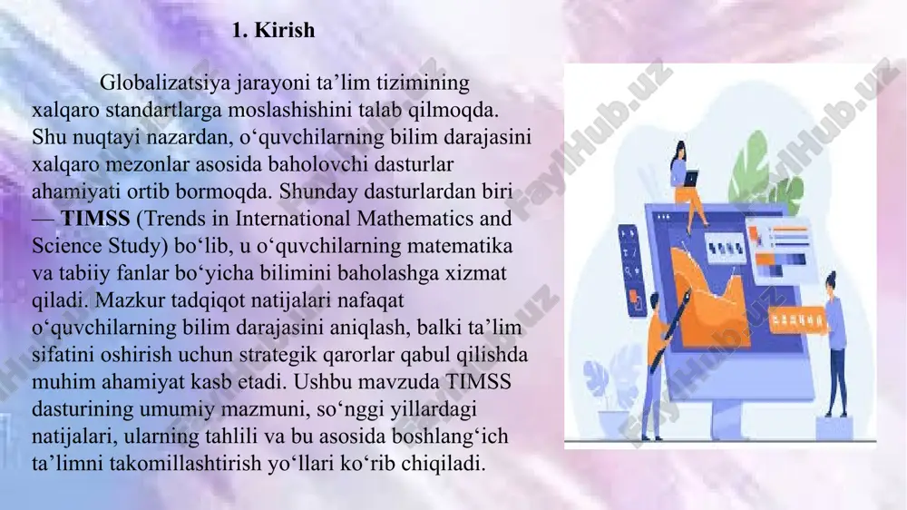 b muhiti ham o‘rganiladi. shu sababli bu tadqiqot ko‘p omilli va chuqur tahlil imkonini beradi. 3. timss tadqiqotlarining asosiy maqsadi va metodologiyasi timss tadqiqotining metodologiyasi quyidagi asosiy yo‘nalishlarda olib boriladi: kognitiv testlar: o‘quvchilarning bilimini baholash uchun mo‘ljallangan testlar (multiple choice va qisqa yozma javoblar). so‘rovnomalar: o‘quvchilar, o‘qituvchilar, maktab rahbarlari va ota-onalar uchun so‘rovnomalar orqali o‘rganiladi. o‘quv dasturi tahlili: har bir ishtirokchi mamlakatda qanday fanlar o‘qitilayotgani, dastur mazmuni va talablari tahlil qilinadi. metodologik jihatdan timss 3 turdagi o‘quv dasturini tahlil qiladi: rasmiy (intended) dastur — davlat siyosati va standartlarda belgilangan maqsadlar. amaliy (implemented) dastur — o‘qituvchilar tomonidan real darslarda o‘rgatilayotgan materiallar. erishilgan (attained) dastur — o‘quvchilarning real bilim, ko‘nikma va tushunchalari. bu yondashuv orqali nafaqat ta’lim natijasi, balki ta’lim jarayonining o‘zi ham baholanadi. 4. oxirgi yillardagi timss natijalari (xalqaro va o‘zbekiston misolida) timss 2019 natijalariga ko‘ra, yuqori natijalarni quyidagi mamlakatlar qayd etgan: singapur koreya respublikasi yaponiya rossiya finlandiya ushbu mamlakatlar yuqori …
