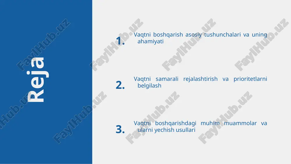 ssional hayotda muvaffaqiyat uchun muhimdir. bu orqali maqsadlarni aniqlash va ularga erishishni osonlashtiradi, shuningdek, stressni kamaytiradi va hayot sifatini oshiradi. vaqtni boshqarish stressni kamaytiradi, chunki rejalashtirish va vaqtni taqsimlash muammoni oldini oladi. samaradorlikni oshirish uchun vazifalarni prioritetlash va vaqtni samarali taqsimlash muhimdir. yaxshi vaqt boshqaruvi yordamida ish va shaxsiy hayot muvozanatini saqlash mumkin. bu esa, umumiy hayot sifati va ruhiy salomatlikni yaxshilashga olib keladi. vaqtni boshqarishning qiyinchiliklari vaqtni boshqarishda ko'pincha muammo paydo bo'ladi, masalan, muhim bo'lmagan ishlar uchun ko'p vaqt sarflash yoki rejalashtirishda qiyinchiliklar. motivatsiya va diqqatni jamlashda ham muammo bo'lishi mumkin. ushbu muammolarni yengish uchun pomodoro texnikasi, eisenhower matritsasi kabi vositalardan foydalanish mumkin. bu usullar prioritizatsiya qilish va maqsadga erishishga yordam beradi. shuningdek, muvozanatni saqlash, stressni boshqarish va haqiqiy reja tuzish orqali o'z-o'zini nazorat qilishni kuchaytirish muhim. bu yondashuvlar samarali vaqt boshqaruviga olib keladi. photo by gonz ddl on unsplash 1 2 3 vaqtni boshqarishning kelajagi kelajakda, texnologiya va …