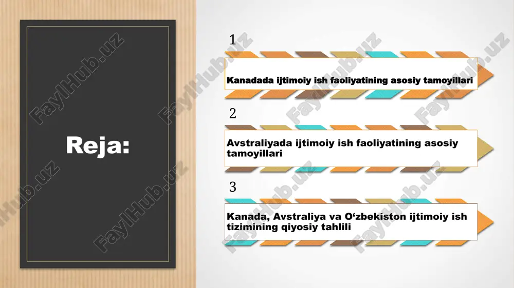 amoyillar ijtimoiy yordam sifatini oshiradi va jamiyat bilan hamkorlikni ta'minlaydi. ijtimoiy adolat va tenglik ijtimoiy adolat insonlarning teng huquqlari va imkoniyatlariga asoslangan prinsipdir. u inson huquqlarining hurmat qilinishini, adil taqsimotni va resurslarning teng taqsimlanishini ta'minlaydi. tenglik prinsipi jamiyatda barcha shaxslarning teng imkoniyatlarga ega bo‘lishini anglatadi. avstraliyada bu prinsip ta'lim, sog‘liqni saqlash va ijtimoiy xizmatlarda amalda qo‘llaniladi, bu esa jamiyat barqarorligi va rivojlanishiga yordam beradi. avstraliyada bu tamoyillar qonunlar va kundalik amaliyotlarda mujassam bo‘lib, ayniqsa kam ta’minlangan va qashshoq guruhlarni qo‘llab-quvvatlashga xizmat qiladi. bu, shuningdek, ijtimoiy tengsizliklarni kamaytirishga yordam beradi. 01 03 02 hamkorlik va jamoatchilik ijtimoiy ishda hamkorlikning roli jamoatchilik ishtiroki va uning ahamiyati avstraliyada jamoatchilik bilan hamkorlik hamkorlik ijtimoiy ishda muhim rol o'ynaydi, chunki bu yordamchi tarmoq va resurslarni kengaytiradi. jamoatchilik ishtiroki muhim, chunki u muammolarni aniqlashda va yechimlarni ishlab chiqishda faol qatnashadi. avstraliyada jamoatchilik bilan hamkorlik amaliyoti keng tarqalgan, u erda mahalliy tashabbuslar va xayriya tashkilotlari bilan hamkorlik …