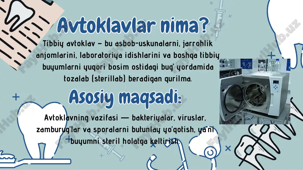 m vakuum tizimi. faqat muayyan turdagi buyumlar uchun mo‘ljallangan. kichik klinikalar va laboratoriyalar uchun mos. n klass avtoklav eng oddiy, vakuumsiz model. faqat ochiq, silliq metall asboblar uchun. kosmetologiya yoki kichik laboratoriyalar uchun qulay. a klass avtoklav rasmiy tibbiy klassifikatsiyada kam qo‘llanadi. asosan farmatsevtika, bio-laboratoriya, sanoat sohalarida ishlatiladi. to‘liq avtomatlashtirilgan, o‘zini tozalash, suv aylanishi tizimi mavjud. ko‘p bosqichli vakuum va ko‘p rejimli sterilizatsiya dasturlari mavjud. avtoklavdan foydalanish qoidalariavtoklavdan foydalanish qoidalari buyumlar quruq va toza bo‘lishi kerak (qon, yog‘ yoki kimyoviy moddalar bo‘lmasin). asboblar sterilizatsiya paketlariga joylanadi. paketlar orasida bo‘sh joy qoldiriladi, bug‘ erkin aylanib chiqishi uchun. sterilizatsiyadan keyin asboblar steril joyda, yopiq holda saqlanadi. .portativ (mini avtoklav): kichik klinikalar va kosmetologiya salonlarida. avtoklav turlariavtoklav turlari gravitatsion (oddiy): bug‘ pastdan kirib, havo chiqib ketadi; kichik laboratoriyalar uchun vakuumli (press-vakuum): oldin havo chiqariladi, so‘ng bug‘ yuboriladi; kasalxonalarda keng ishlatiladi. avtoklav bilan birga ishlatiladigan qo‘shimcha qurilmalar avtoklav bilan birga ishlatiladigan qo‘shimcha qurilmalar avtoklav …