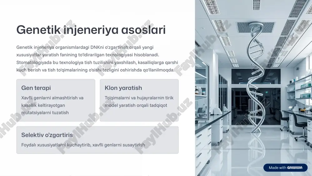 lishlari mumkin. shaxsiy genetik profil asosida individual davolash rejasi yaratiladi. 1 mutatsiya aniqlash genetik testlar orqali kasallikka moyillik genlarini aniqlash va xavfni baholash 2 shaxsiy davolash har bir bemorning genetik profili asosida o'ziga xos davolash sxemasi belgilash 3 eng erkli profilaktika kasallikning paydo bo'lishidan oldin to'xtatish usullari va amaliyotlarini tavsiya etish https://gamma.app/?utm_source=made-with-gamma hozirgi kunda qo'llaniladigan innovatsion usullar raqamli stomatologiya, implantolog uchun cad/cam texnologiyasi va qo'ng'iroq implantlarida 3d bioprinting allaqachon klinik amaliyotga kirdi. regenerativ tish davolashi, gen terapiyasi va xirurjik odamzod implantlari yangi asorda qulayliklar va foyda keltirmoqda. 1 cad/cam implantlar kompyuter-yordamida loyihalashtirgan va mashinaga chizilgan tish implantlari 2 3d bioprinting biologik turlama orqali to'qimalarni qat-qat yaratish va o'sish 3 gen terapiyali davolash xavfli genlarni o'zgartirib, kasalliklar keltirayotgan mutatsiyalarni tuzatish https://gamma.app/?utm_source=made-with-gamma xulosa va kelajakdagi istiqbollar genetik injeneriya va biotexnologiya stomatologiyani fundamental ravishda o'zgartirmoqda. kelgusi o'n yil ichida tish kasalliklar1 deyarli butunlay oldini olinadi, tishning to'la regeneratsiyasi oddiy jarayon bo'lib qoladi. bu …