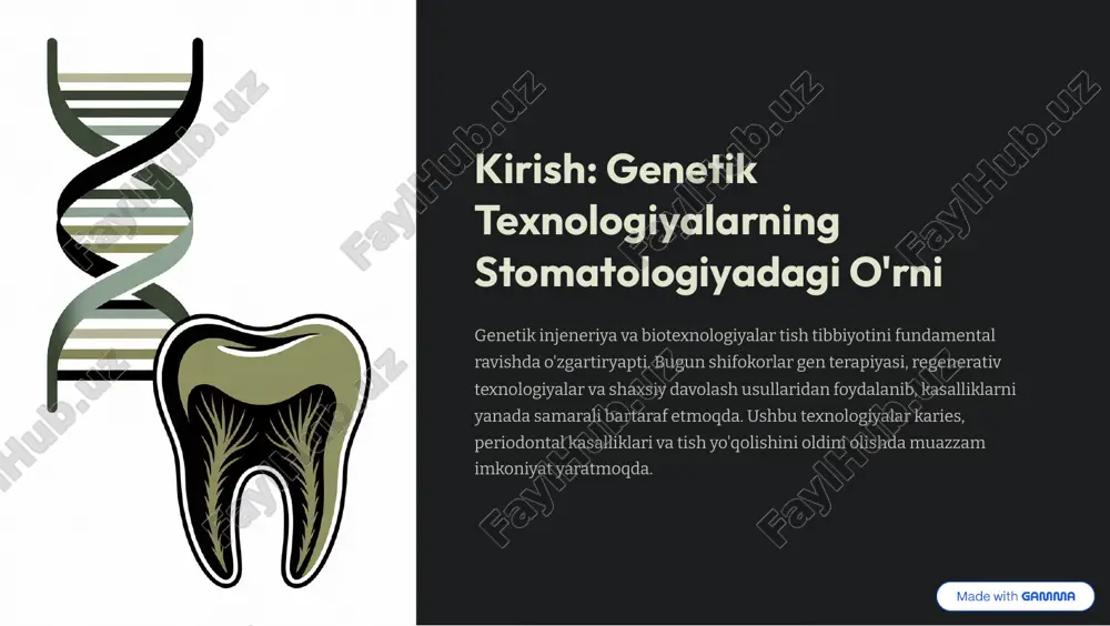 texnologiyalar biotexnologiyalar og'iz bo'shlig'i saratonini erkali bosqichda aniqlashda yordam beradi. genetik markerlarni tahlil qilib, saraton xavfini oldindan bilish mumkin. gen terapiyasi va targeted davolash (immunoterapiya) saratonli hujayralarga to'g'ridan-to'g'ri ta'sir korsatadi, normal hujayralarga zarar bermasdan. https://gamma.app/?utm_source=made-with-gamma genetik diagnostika: irsiy stomatologik kasalliklarni aniqlash amelogenez imperfekta tish emalining defekti. genetik test orqali erta aniqlansa, profilaktika va shoshilinch muolajani qo'llasa bo'ladi. dentinogenez imperfekta dentin tuzilishining irsiy buzilishi. gen screening orqali oila a'zolarining xavfini baholash. parodontoz va implant muvofiqlik genetik test orqali implant muvofiqligini oldindan bilish va implant qabul qilishining ehtimoli orttiriladi. https://gamma.app/?utm_source=made-with-gamma biomateriallar va nanotexnologiyalar: kelajak implantatlari biohybrid implantlar titanium va biopolimer kombinatsiyasi. rasm sezuvchi va faol regeneratsiya qiluvchi implantlar. nanopartikulyar tuzilma hujayra birligi maksimal jahon sezuvchi porlar https://gamma.app/?utm_source=made-with-gamma etik va huquqiy masalalar: yangi texnologiyalarning joriy etilishi 01 ruxsat olish jarayoni biotexnologiyalar sog'liq saqlashtirish organlari va etik komissiyalarning qat'iy nazoratidan o'tishi kerak. bemorlar to'liq ma'lumotlanishi shart. 02 konfidensialliq va genetik malumot bemorning genetik ma'lumotlari …