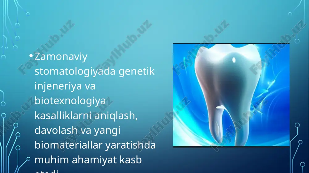 agen va hidroksiapatit asosidagi sun’iy to‘qimalar. gen terapiyasi stomatologiyada kasallik sababini genetik darajada yo‘q qilish usuli. tish ildizi infektsiyalariga qarshi genlarni kiritish. tadqiqotlar: dnkni modifikatsiya qilgan hujayralar bilan emal va gingiva tiklash. afzalliklari va kamchiliklari afzalliklari: kasalliklarni erta aniqlash tez va samarali davolash sun’iy to‘qimalarning tabiiy holga yaqinligi kamchiliklari: yuqori narx va texnologik murakkablik etik va huquqiy muammolar ba’zi hollarda immun tizimi tomonidan rad etilishi xulosa genetik injeneriya va biotexnologiya stomatologiyada inqilobiy imkoniyatlar ochmoqda. kelajakda ular yordamida tish kasalliklari to‘liq davolanadigan darajaga yetadi. tadqiqot va amaliyot birlashganda, bemorlarga yanada samarali va tabiiy davolash usullari taqdim etiladi. image2.png image3.jpeg image4.jpeg image5.jpeg image6.jpeg image7.jpeg /docprops/thumbnail.jpeg