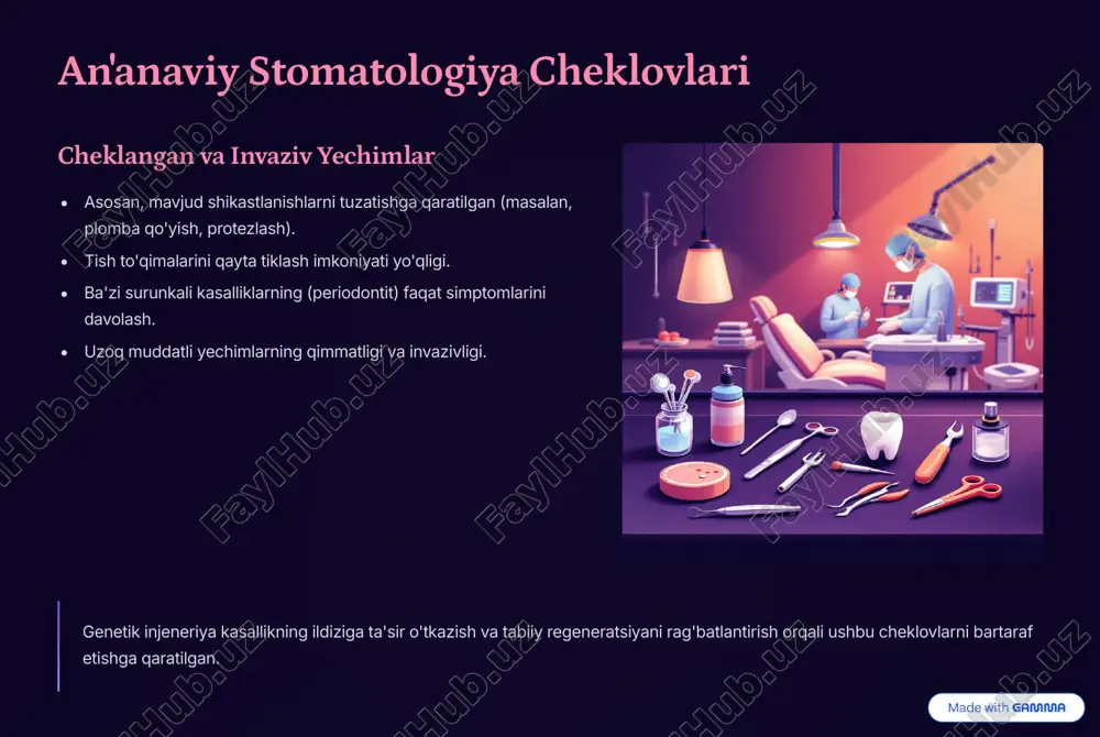 ntitni davolash yallig'lanishga qarshi sitokinlar ishlab chiqarishni genetik yo'l bilan nazorat qilish. suyak to'qimasini (alveolyar suyak) va periodontal bog'lamni regeneratsiya qiluvchi o'sish faktorlarini qo'llash. kasallikka moyillikni aniqlovchi genetik markerlarni skrining qilish. https://gamma.app/?utm_source=made-with-gamma tish to'qimalarini regeneratsiya qilish genetik injeneriya tishlarni tabiiy ravishda "o'stirish" orqali doimiy plomba va protezlashga ehtiyojni yo'q qilishi mumkin. pulpani tiklash ildiz kanalida shikastlangan pulpa to'qimasini qayta tiklash uchun genlarni yetkazish. dentin hosil qilish tishning asosiy qismi bo'lgan dentinni hosil qiluvchi hujayralarni (odontoblastlar) faollashtirish. tish biokonstruksiyasi tish kurtaklarini yoki to'liq tish tuzilmalarini yaratish uchun genetik jihatdan modifikatsiyalangan ildiz hujayralaridan foydalanish. https://gamma.app/?utm_source=made-with-gamma og'iz bo'shlig'i saratoni diagnostikasi va davolashda yangi usullar genetik texnologiyalar saraton kasalligiga qarshi kurashda aniqlik va samaradorlikni oshiradi. erta diagnostika tupukdagi saraton genlari (biomarkerlar) mavjudligini aniqlash uchun genetik testlar ishlab chiqish. gen nishonli terapiya saraton hujayralarining o'sishini rag'batlantiruvchi maxsus genlarni blokirovka qilish uchun dori vositalarini yaratish. immunoterapiyani kuchaytirish bemorning immunitet tizimini saraton hujayralarini tanib olish va yo'q …