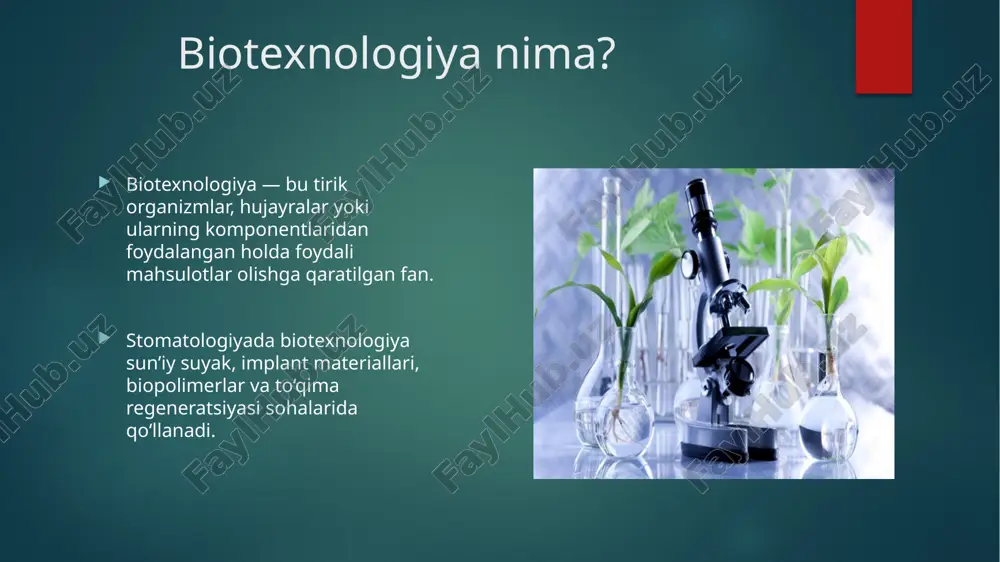 xavfsizlik to‘liq o‘rganilmagan. maxsus laboratoriya va mutaxassislar zarur. kelajak istiqbollari to‘liq sun’iy tish va suyak to‘qimalarini o‘stirish. gen terapiyasi orqali kariyesni genetik oldini olish. 3d bioprinting yordamida biologik implantlar yaratish. og‘iz bo‘shlig‘i mikroflorasini genetik boshqarish. xulosa biotexnologiya va genetik injeneriya stomatologiyada innovatsion yo‘nalishlardan biri. ular yordamida tish kasalliklarini genetik darajada davolash, to‘qimalarni tiklash va yangi biomateriallar yaratish mumkin. bu yo‘nalish stomatologiyaning kelajagini belgilab beradi. dnt 816 u talabasi jovliyev nurmuhammad image6.jpeg image7.jpeg image2.png image3.png image4.png image5.png /docprops/thumbnail.jpeg