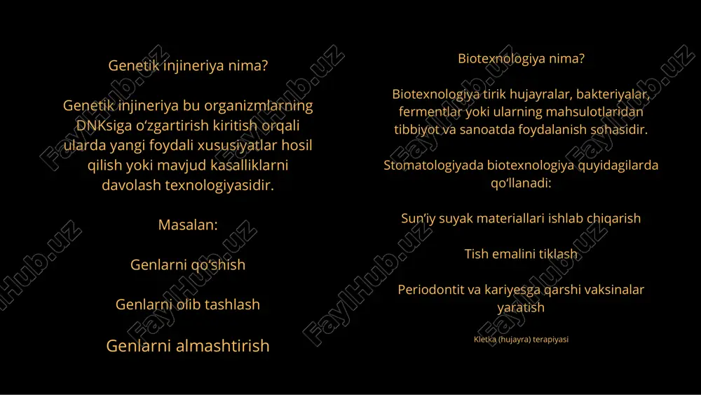 yangiliklari nanotexnologiya - emalni mustahkamlovchi nanozarrachalar biomateriallar- sun’iy suyak, membranalar, implant qoplamalari gen terapiya-karies va periodontitga qarshi stamm hujayra terapiyasi- suyak va tish to‘qimasini tiklash bioprinting -(3d bioprinter) tish ildizi, ligament va suyakni 3d chop etish kamchiliklari texnologiyalar qimmat maxsus laboratoriya va mutaxassis kerak ba’zi sohalar hali tadqiqot bosqichida afzalliklari davolash samaradorligi yuqori tabiiy to‘qimalar tiklanadi yon ta’sirlar kam uzoq muddatli natija beradi e'tiboringiz uchun raxmat♡