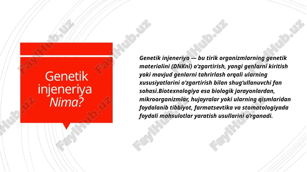 i.probiotiklar va genetik modifikatsiya qilingan bakteriyalar yordamida kariyes keltiruvchi bakteriyalar sonini kamaytirish mumkin. ilmiy yo‘nalishlar va yangi tadqiqotlar crispr-cas9 texnologiyasi yordamida tish rivojlanishida ishtirok etuvchi genlarni o‘rganish va tahrirlash. bioprinting (biologik 3d printer) yordamida to‘qima va hatto butun tish strukturalarini yaratish. genetik diagnostika yordamida tug‘ma tish patologiyalarini oldindan aniqlash. e’tiboringiz uchun raxmat! image1.jpeg image2.jpeg /docprops/thumbnail.jpeg