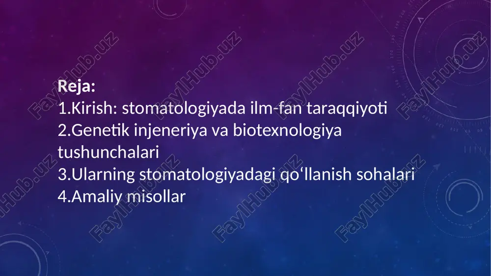 xsga xos davolash yo‘llarini belgilash. masalan, “gen terapiyasi” tushunchasi genetik injeneriyaning bir ko‘rinishi: noto‘g‘ri ishlayotgan genni almashtirish yoki to‘g‘ri genni kiritish orqali hujayra faoliyatini tiklash shuningdek, genetik injeneriyaga oid usullar — virus yoki boshqa vektorlar orqali genni hujayraga yetkazish, crispr/cas texnologiyasi orqali genni kesish/almashtirish va boshqalar. stomatologik jihatdan ayniqsa: tish va og‘iz bo‘shlig‘i hujayralariga to‘g‘ridan-to‘g‘ri gen transfer qilish imkoniyatlari ko‘rib chiqilmoqda. e’tibor bering: amalda genetik injeneriya hali keng klinik qo‘llanilmayapti, etik, xavfsizlik va texnik muammolar mavjud. biotexnologiya tushunchasi “biotexnologiya” — biologik jarayonlardan va tirik organizmlardan, hujayralardan, biomateriallardan foydalangan holda tibbiy, sanoat va agrar mahsulotlar ishlab chiqarish va qo‘llash texnologiyasi. stomatologiyada bu tushuncha quyidagicha qo‘llanadi. stomatologiya uchun muhim yo‘nalishlar: biomateriallar: tish, suyak, emal, sement o‘rnini bosuvchi materiallar yaratish; biokompatibil implantlar, bioaktiv qoplamalar. masalan, “biomimetic” materiallar — tabiiy tish hujayralarini imitatsiya qiluvchi. hujayra terapiyasi va to‘qima injeneriyasi: tish pulpasi, periodont ligament hujayralari, stem cells (kök hujayralar) yordamida to‘qimalarni tiklash. diagnostika: dnk-asoslil diagnostikalar, …