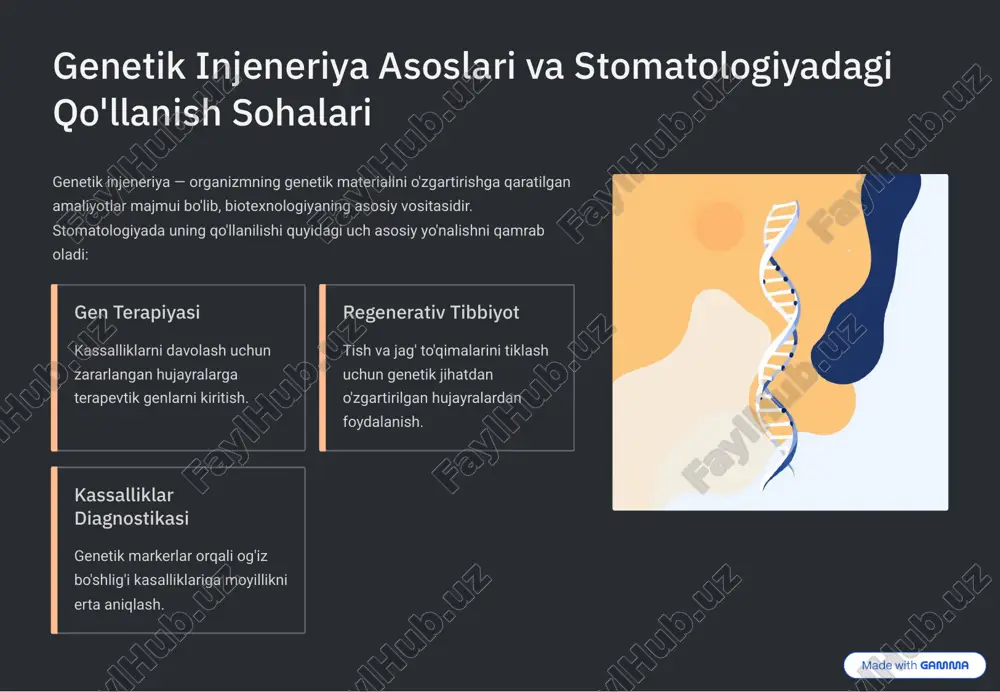 h sabablarini molekulyar darajada tushunishga yordam beradi, bu esa aniqroq va shaxsiylashtirilgan davolashni ta'minlaydi. shaxsiylashtirilgan karyes profilaktikasi karyesga genetik moyillikni aniqlash va bemorning genotipiga mos keladigan parvarish rejasini ishlab chiqish. og'iz bo'shlig'i saratonini erta tashxislash saratonga xos bo'lgan gen mutatsiyalarini oson va tez aniqlash imkonini beruvchi yuqori sezuvchan biosensorlarni yaratish. periodontitga qarshi gen terapiyasi yallig'lanish jarayonlarini to'xtatadigan va suyak yo'qotilishining oldini oladigan genlarni yetkazib berish tizimlarini ishlab chiqish. maxsus vaksinlar og'iz bo'shlig'idagi patogen bakteriyalarga, masalan, streptococcus mutansga qarshi genetik jihatdan ishlab chiqilgan vaksinlar. https://gamma.app/?utm_source=made-with-gamma genetik injeneriya va biotexnologiyaning etik jihatlari va xatarlari texnologik rivojlanish har doim o'zi bilan yangi axloqiy va huquqiy savollarni olib keladi. biz bu imkoniyatlardan mas'uliyat bilan foydalanishimiz shart. etik masalalar shaxsiy genetik ma'lumotlarning maxfiyligi va himoyasi. gen terapiyasining uzoq muddatli ta'siri va xavfsizligi. davolash usullarining barcha ijtimoiy guruhlar uchun teng darajada mavjudligi (adolat). "dizayner chaqaloqlar" kabi genetik o'zgarishlarning avlodlarga o'tishi bilan bog'liq xavotirlar. potensial xatarlar gen …