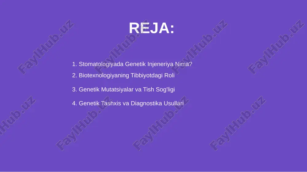 mutatsiyalar va tish sog'ligi stomatologiyada genetik injeneriya va biotexnologiya, tibbiyotda muhim yangilanishlar kiritib, kasalliklarni oldini olish va aniqlash imkoniyatlarini kengaytiradi. genetik tashxis va diagnostika usullari yordamida, shifokorlar individual genetik profilni aniqlab, samarali davolash rejasini ishlab chiqadi va sog'liqni yaxshilaydi. bu texnologiyalar, stomatologiya sohasida diagnostikani tezlashtirib, bemorlar uchun minimal invaziv va aniq muolajalarni taqdim etishda muhim ahamiyat kasb etadi. genetik tashxis va diagnostika usullari 01 stomatologiyada genetik injeneriya va biotexnologiya tish muammolarini samarali hal qilish uchun yangi imkoniyatlar yaratmoqda. ular tibbiyot rivojiga katta ta'sir ko‘rsatadi. 02 biotexnologiya yordamida tish qattiqligini oshirish, muolajalarni tezlashtirish va individual muolajalar tanlashda muhim rol o‘ynaydi. bu texnologiyalar innovatsiyalarni rivojlantiradi. 03 genetik injeneriya va biotexnologiya bilan tishlarni davolash yondashuvlari sog‘liqni saqlashni nazarda tutib, bemorlarning imkoniyatlarini kengaytiradi va rivojlangan texnologiyalarni taqdim etadi. biotexnologiya yordamida tish davolash stomatologiyada genetik injeneriya va biotexnologiya muhim o'zgarishlarni keltirib chiqaradi, bu shaxsiylashtirilgan davolash imkoniyatlarini oshiradi va kasalliklarni oldini olishda yordam beradi. genetik ma'lumotlar …