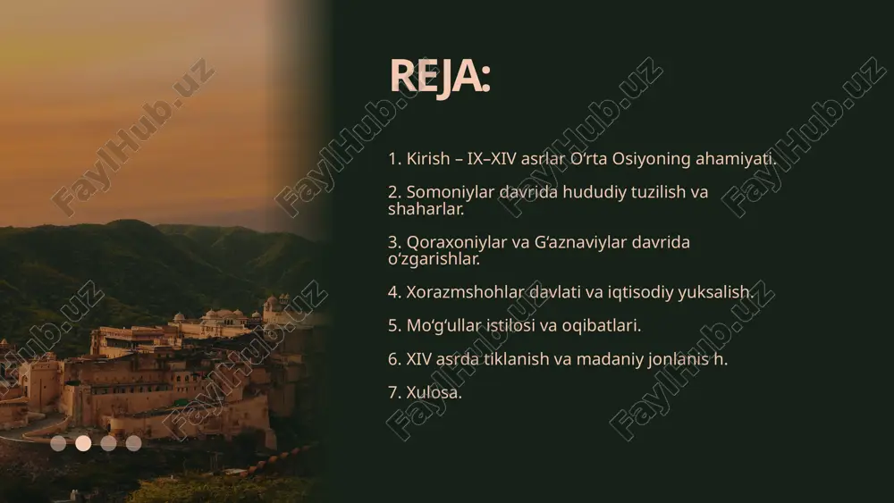 orish tizimlari kengaygan somoniylar zamonida buxoro va samarqand “markaziy shaharlar” (madina), atrofdagi kichik qishloqlar esa “rabod” deb atalgan. bu shaharsozlik tizimi keyingi asrlarda ham saqlanib qoldi. somoniylar davrida shaharlarning ierarxiyasi shakllangan somoniylar siyosati natijasida o‘rta osiyoda islom dini to‘liq hukmronlikka erishdi. shaharlar markazida masjid, madrasa va xonaqohlar barpo etilib, ular atrofida yangi mahallalar paydo bo‘ldi. islom dini butun mintaqaga keng yoyilgan x asrda samarqand, buxoro, termiz va farg‘ona orqali o‘tuvchi yo‘nalish xitoy, hindiston, eron va vizantiya bilan savdo aloqalarini ta’minlagan. buyuk ipak yo‘li o‘rta osiyodan o‘tgan asosiy savdo yo‘li bo‘lgan somoniy tangalari xalqaro muomalada yuritilgan somoniylar zarb etgan kumush dirhamlar sharqiy turkiston, eron, hatto rossiyaning shimoliy viloyatlarida ham topilgan. bu o‘rta osiyoning iqtisodiy qudratini ko‘rsatadi. qoraxoniylar davlati (x–xi asrlar) x asr oxirida somoniylar zaiflashgach, ularning o‘rnini turkiy kelib chiqishga ega qoraxoniylar egalladi. bu sulola farg‘ona vodiysi, yettisuv (hozirgi qozog‘iston janubi) va sharqiy turkiston hududlarida vujudga kelgan edi. qoraxoniylar davrida o‘rta …