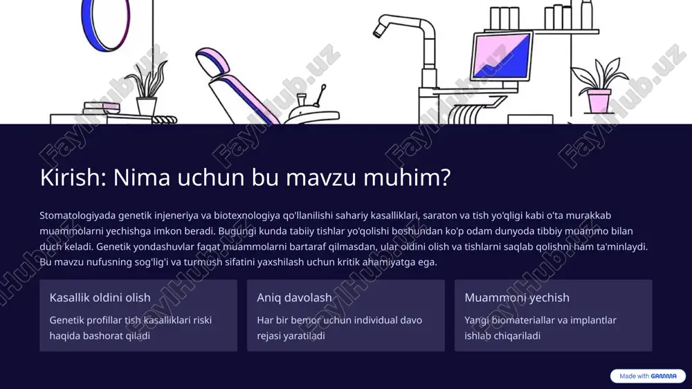 ogiya quyidagi sohalarda keng qo'llaniladi: asta-sekin tishlarni regeneratsiya qilish, tish poylarini erta qaytarish, og'iz bo'shlig'i to'qimalarini tamir-tuzatish va implantlar bilan birga shaxsiy immunitetni oshirish. stem hujayra texnologiyasi tish to'qimalarini qayta tiklash gen terapiyasi genetik nosologiyalarni davolash suyak injenerligi implantlar va scaffoldlarni yaratish tish regeneratsiyasi yangi tishlarni o'stirish va tiklash 4 tish kariesi va parodontitni davolashda genetik yondashuvlar tish kariesi va genetik faktorlar kariesi riski asosan genetik profilga bog'liq. ba'zi odamlar streptococcus mutans bakteriyasiga qarshi ko'proq himoya immunitetiga ega. genetik injeneriya yordamida mikrob rezistentligini oshirish mumkin. bundan tashqari, tish emailining minerallashtirilishiga ta'sir qiluvchi genlarni o'zgartirilishi karies oldini olishga yordam beradi. parodontitni davolashda yangi usullar: gen terapiyasi bilan parodontit davolash gingival hujayralarda anti-inflamatuvar genlarning kiritilishi patogen bakteriyalarga qarshi himoya yaratadi. ushbu usul klassik antibiotiklar bilan farq qiladi, chunki u direkt sababni bartaraf etadi, emas faqat simptomlarni. stem hujayra bilan suyak regeneratsiyasi stem hujayralar foydalaniladi parodontit bilan shikastlanuvchi alveolar suyakni qayta tiklanishi uchun. …