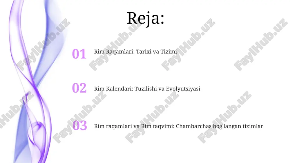ivojlandi, yunon kalendaridan elementlarni qabul qildi va oxir-oqibat quyosh kalendariga aylandi, unda kabisa yillari ham bor edi. rim kalendari 10 oylik oylik kalendaridan kelib chiqqan bo'lib, keyinchalik yanvar va fevral qo'shilishi bilan 12 oylikka kengaygan. yuliy taqvimi va uning ta'siri rim kalendari, o'n ikki oyli oy taqvimi, yuliy taqvimidan oldin qadimgi rimda ishlatilgan. yuliy sezar tomonidan miloddan avvalgi 45-yilda kiritilgan yuliy taqvimi rim taqvimini standartlashtirdi va aniqlikni saqlab qolish uchun kabisa yillarini qo'lladi. rim raqamlari, harflar yordamida raqamlarni ifodalash tizimi, qadimgi rimda ishlatilgan va bugungi kunda ham ba'zi kontekstlarda uchraydi. rim raqamlari: tarixi rim kalendari: qadimgi rimda ishlatilgan, oy aylanishiga asoslangan kalendar tizimi. rim raqamlari: raqamlarni ifodalash uchun harflarni ishlatadigan rim raqamlarining bir turi. rim raqamlari: qadimgi rimda qo'llanilgan raqam yozuv tizimi. rim raqamlari evolyutsiyasi rim raqamlari rim raqamlarining zamonaviy varianti boʻlib, koʻpincha soatlarning yuzlarida va rasmiy hujjatlarda qoʻllaniladi. rim raqamlar tizimi erta etrusk tizimidan kelib chiqqan bo'lib, unda harflar …