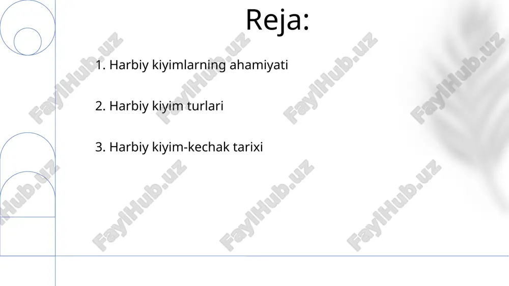 iyim kodlari va forma kiyish hurmatni talab qiladi, hokimiyatni ramziylashtiradi va professional tasvir yaratadi. guruh a'zolari kiyim kodlari va harbiy kiyimlar orqali aniq ajratilib turadi, ularning rolini va sodiqligini ko'rsatadi. intizom va standartlashtirish: uniformalar intizom va bir xillikni ta'minlaydi, tartib tuyg'usini mustahkamlaydi va saflar ichida birdamlikni oshiradi. 7. kiyim kodlarining rolini ruxsat etilgan kiyim-kechak buyumlari, ranglari, nishonlari va to'g'ri tashqi ko'rinish standartlari haqida ma'lumot beradi. professionallik, intizom va birlik identifikatsiyasi standartlarini joriy qiladi. harbiy kiyim-kechak ko'rinishi va kiyimi haqida aniq qoidalar. 8. forma kiyim qoidalari yaxshilangan himoya: ilg'or materiallar balistik va kimyoviy himoyaning yuqori darajasini ta'minlaydi. texnologiya yordamida bir xil ishlab chiqarish, texnik xizmat ko'rsatish va tarqatish jarayonlari soddalashtirildi. yaxshilangan aloqa: integratsiyalangan texnologiyalar haqiqiy vaqt rejimida muloqot va vaziyatni anglash imkonini beradi. 9. texnologiyaning kiyim-kechak bo'yicha ta'siri dastlabki kiyim-kechaklar ko'pincha fuqarolik kiyim-kechaklariga asoslangan bo'lib, ularga qilich va zirh kabi amaliy qo'shimchalar qo'shilgan. harbiy kiyimlar amaliy zirhlardan martabadan va bo'limdan dalolat …