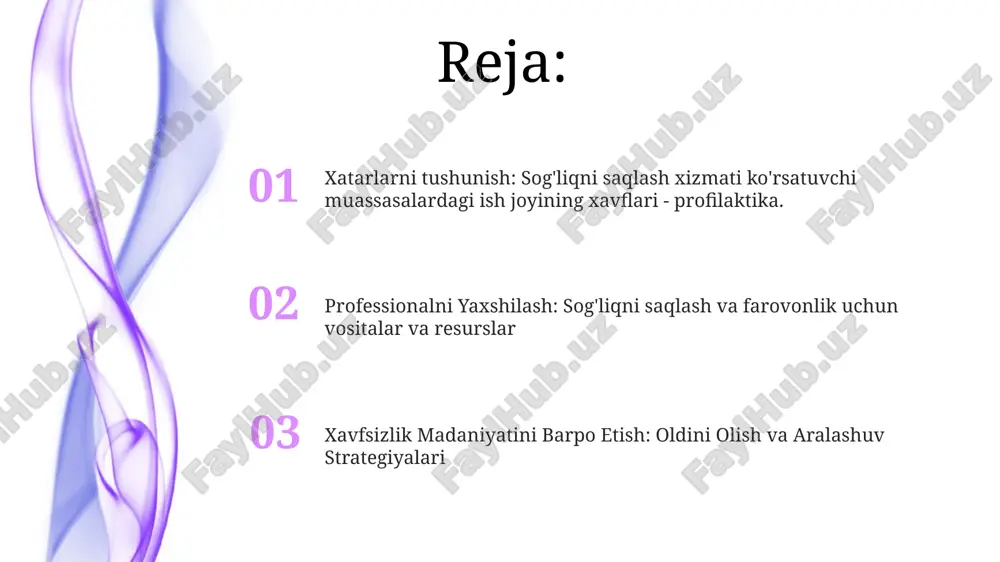 da sozlamalarni amalga oshiring. xavflarni kamaytirish uchun ergonomik dizayn va to'g'ri shamollatish kabi oldini olish choralarini qo'llang. ish joyidagi xavf va xatarlarni doimiy nazorat qilish va yaxshilanish uchun sohalarni aniqlash. xulosa va harakatga chaqirish tibbiy xodimlarni himoya qilish va sog'liqni saqlash xizmatlarini yaxshilash uchun kuchliroq kasbiy sog'liqni saqlash standartlarini himoya qilish. sog'liqni saqlash xodimlari farovonligini mustahkam profilaktika strategiyasi va qo'llab-quvvatlovchi ish muhitlari orqali ustuvor qilish. tibbiy xodimlarni himoya qiladigan resurslar va siyosatlarga investitsiya qiling, ularning sog'lig'i va xavfsizligini ta'minlang. ergonomika va jismoniy sog'liq to'g'ri jihoz va ish joyini loyihalash orqali jismoniy yuklamani kamaytiring. charchoq va jarohatlarni oldini olish uchun muntazam tanaffuslar va jismoniy mashqlarni targ'ib qiling. xodimlar uchun xavfsiz koʻtarish texnikasini va oʻqitishni amalga oshirish. infektsiya nazorati choralari va xavfsizlik protokollari atrof-muhitni dezinfektsiyalash (yuzalarni va jihozlarni muntazam tozalash va dezinfektsiyalash) qo'l gigienasi amaliyoti (tez-tez qo'llarni yuvish, spirtli qo'l antiseptiklaridan foydalanish) shaxsiy himoya vositalari (shv) (qo'lqoplar, xalatlar, niqoblar, ko'z himoyasi) ruhiy …