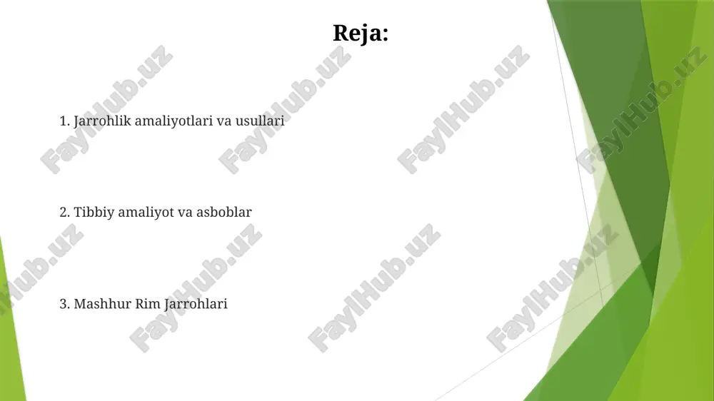 i antonius musa, gidroterapiya va massajni qo'llash bilan mashhur edi. avli cornelius tselsiy - "de meditsina" nomli keng qamrovli tibbiyot kitobining muallifi, unda jarrohlik amaliyotlari va asboblari tasvirlangan. rim jarrohligi cheklovlari anesteziya yo'qligi, jarayonlar paytida kuchli og'riqlarga olib keladi. cheklangan jarrohlik usullari, asosan yaralarni davolash va amputatsiyaga qaratilgan. qadimgi rimda jarrohlik amaliyotlari jarrohlik texnikalari, garchi sodda bo'lsa-da, tikish, kuydirish va o'simlik dorilarini qo'llashni o'z ichiga olgan. shifokorlar ko'pincha bronza yoki temirdan yasalgan skalpel, forseps va suyak arra kabi asboblardan foydalanganlar. keyingi tadqiqotlar va izlanishlar tibbiy asboblar hayratlanarli darajada rivojlangan edi, shu jumladan skalpel, forseps va suyak arrasi. anesteziya ibtidoiy bo'lgan paytda, og'riqni boshqarish uchun o'simlik dorilari va sharob ishlatilgan. zamonaviy jarrohlik bilan taqqoslash cheklangan narkoz va sterilizatsiya zamonaviy jarrohlikka nisbatan yuqori infektsiya darajasiga olib keldi. qadimgi rim jarrohlari yaralar, sinishlar va o'smalar kabi turli xil kasalliklarni davolagan, ammo ularning muvaffaqiyat darajasi zamonaviy jarrohlarga qaraganda ancha past edi. rim jarrohligi merosi …