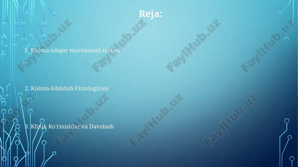 solish uchun bikarbonatni qayta so'rib oladi va vodorod ionlarini chiqaradi. tanadagi ph ph, tananing suyuqliklaridagi kislotalik yoki ishqorilik darajasini o'lchaydi. tanadagi ph darajasi juda yuqori (alkaloz) yoki juda past (atsidoz) bo'lganda, kislota-asos muvozanati buziladi. bu nomutanosibliklar organ faoliyatiga va umumiy sog'liqqa ta'sir qilishi mumkin. kislota-ishqor muvozanatining buzilishi sabablari. metabolik asidoz: kislota ishlab chiqarishning ko'payishi, kislota chiqarishning kamayishi yoki bikarbonat yo'qotilishi. kislota-ishqor muvozanatining buzilish sabablari: metabolik va respirator kasalliklar, buyrak disfunksiyasi va dori-darmonlarning yon ta'siri. metbolik alkaloz: kislota yo'qotilishi yoki bikarbonat miqdorining oshishi. nafas olish orqali ph ni tartibga solish giperventilatsiya co2 ni kamaytiradi, ph ni oshiradi (alkaloz). o'pka qon ph ni tartibga solish uchun asosiy kislota bo'lgan co2 ni chiqaradi. gipoventilyatsiya co2 ni oshiradi, ph ni pasaytiradi (atsidoz). metabolik alkaloz alomatlarga chalkashlik, zaiflik va tutqanoqlar kiradi. yuqori qon ph va bikarbonat darajalari. sabablari qusish, diuretiklar va antasidlarni o'z ichiga oladi. buferlar va gomyeostaz tanadagi suyuqliklarda ph o'zgarishining oldini olish uchun …