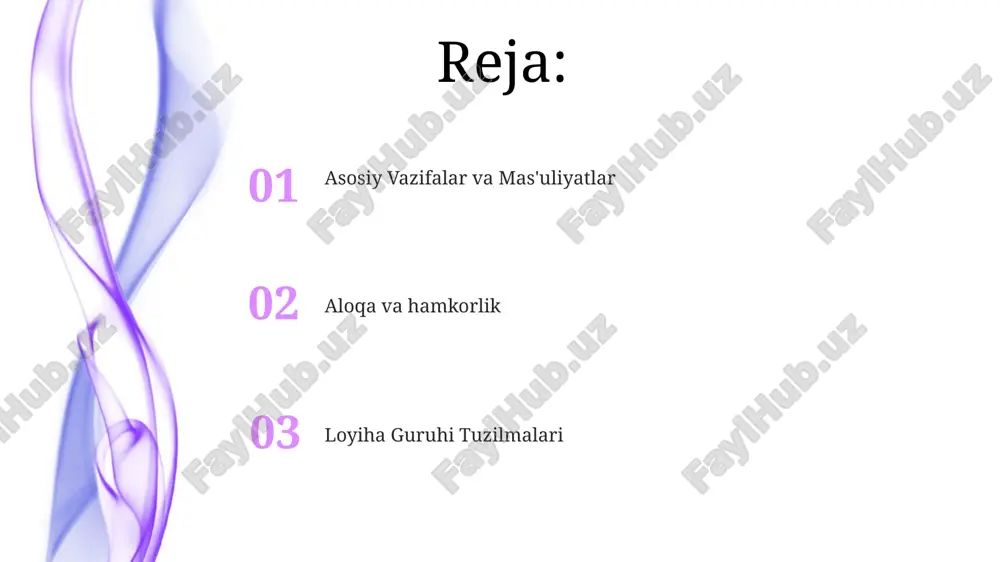 iha menejeriga hisobot beradi. jamoa motivatsiyasi va vakolat berish hamkorlik & muloqot: jamoa a'zolari o'rtasida ochiq muloqot, shaffoflik va faol ishtirokni rag'batlantirish orqali taraqqiyotni ta'minlash. jamoa motivatsiyasi va vakolat berish: aniq maqsadlar, tan olish va mustaqillik orqali kayfiyatni, ishonchni va mas'uliyatni oshirish. hisobot berish liniyalari va ierarxiya xodimlar tashkiloti: loyiha guruhi a'zolarining tuzilishini, shu jumladan rollarni, mas'uliyatlarni va hisobot berish munosabatlarini belgilaydi. hisobot berish zanjirlari va ierarxiya: kimning kimga hisobot berishini aniqlaydi, aniq aloqa kanallari va qaror qabul qilish vakolatini belgilaydi. virtual jamoalar & masofaviy hamkorlik virtual jamoalar va masofaviy hamkorlik: texnologiya yordamida geografik jihatdan tarqalgan jamoalarni birgalikda samarali ishlashga imkon beradi. aloqa va hamkorlik vositalari: virtual jamoalar uchun muhim, aloqa, loyiha kuzatuvi va hujjatlarni baham ko'rishni osonlashtiradi. vazifalar va mas'uliyatlar xodimlar tashkiloti: loyiha guruhini samarali muloqot, hamkorlik va resurslar taqsimoti ta'minlash uchun tuzish. loyiha boshqaruvi: loyihaning boshlanishidan to tugashgacha boʻlgan barcha bosqichlarini nazorat qilish, saʼy-harakatlarni muvofiqlashtirish va muvaffaqiyatga erishishni …
