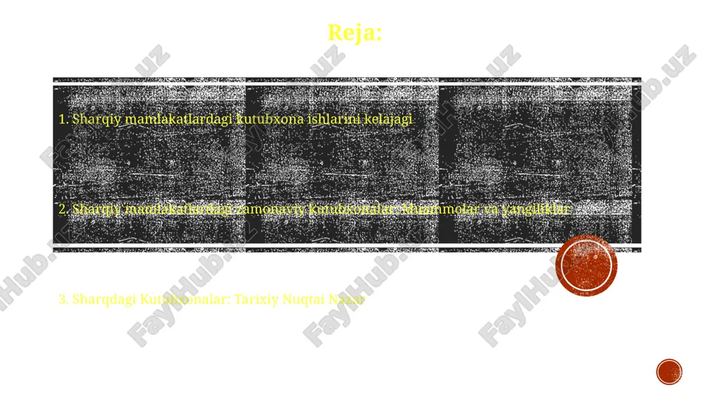 lik va bilim almashish. kutubxona infrastrukturasi va resurslari sharqiy kutubxonalar moliyaviy cheklovlar, texnologik farqlar va madaniy to'siqlar kabi qiyinchiliklarga duch keladi. sharqdagi kutubxona infratuzilmasi zamonaviy, raqamli markazli muassasalaridan tortib, an'anaviy, kitob markazli joylargacha juda xilma-xil. sharqda kutubxonachilar savodxonlikni rivojlantirish, madaniy merosni saqlash va tadqiqot hamda ta'limni qo'llab-quvvatlashda muhim rol o'ynaydi. sharqiy mamlakatlardagi kutubxonalarning tarixiy konteksti sharqiy mamlakatlardagi kutubxona ishlari madaniy qadriyatlarni aks ettiradi, ko'pincha an'ana va bilimni saqlashga urg'u beradi. sharq mamlakatlaridagi kutubxonalar uzoq tarixga ega bo'lib, ko'pincha diniy muassasalar va qirollik saroylari bilan bog'liq. sharqiy mamlakatlardagi zamonaviy kutubxonalar tez rivojlanish va raqamlashtirish, yangi ehtiyojlar va texnologiyalarga moslashish kabi qiyinchiliklarga duch kelmoqda. e'tiboringiz uchun rahmat @taqdimot_robot image1.png image2.png image3.png image4.png image5.png image6.png