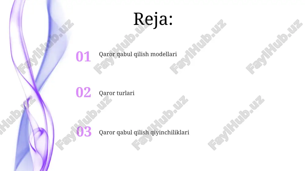 variantni tanlash) ga olib keladi. qaror qabul qilishda axloqiy jihatlar. adolat va insof: teng huquq, xolis qarorlar, foyda va yuklamalarning adolatli taqsimoti. oqibatlar: manfaatdor tomonlarga ta'siri, uzoq muddatli ta'siri, mumkin bo'lgan zarar. halollik va rostgo'ylik: axloqiy qadriyatlar, shaffoflik, manfaatlar to'qnashuvidan qochish. qaror qabul qilish vositalari va usullari qaror matritsalari: tanlovlarni mezonlarga qarshi taqqoslab, ball qo'yib, tanlovlarni ustuvorlashtirish. swot tahlili: ma'lumotli qarorlar qabul qilish uchun ichki kuchli va zaif tomonlarni, tashqi imkoniyatlar va tahdidlarni aniqlash. xarajat-foyda tahlili: har bir qaror variantida mumkin bo'lgan xarajatlar va foydalarni o'lchash orqali eng maqbul tanlovni aniqlang. dinamik muhitda qaror qabul qilish tez ma'lumot qayta ishlash va moslashish juda muhim. noaniqlik va o'zgaruvchan sharoitlar moslashuvchanlik va chaqqonlikni talab qiladi. qarorlarni doimiy ravishda kuzatib borish va baholash juda muhim. qaror qabul qilish jarayoni ma'lumot to'plash. muammoni hal qilish uchun tegishli ma'lumotlarni o'rganing va to'plang. alternativalarni baholang. potensial echimlarni va ularning oqibatlarini tahlil qiling. muammoni aniqlash. qaror talab …