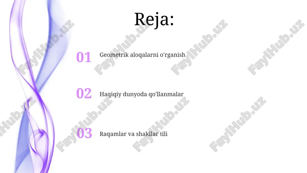 qilish uchun turli xil kombinatsiyalarda raqamlarni ishlatadi. raqam tizimlari geometrik shakllar: uchburchak, aylana va kub kabi aniq xususiyatlarga ega bo'lgan shakllar. son tizimlari: o'lchovlarni ifodalashning turli usullari, masalan, o'nlik, ikkilik va rim raqamlari. geometrik transformasiyalar geometrik shakllar o'ziga xos xususiyatlari va nuqta va chiziqlar o'rtasidagi munosabatlar bilan belgilanadi. geometrik o'zgarishlar shakllarning o'lchamini, holatini yoki yo'nalishini o'zgartiradi. geometriya qo'llanilishi arxitektura va dizayn: binolar, ko'priklar va boshqa inshootlar barqarorlik va estetika uchun geometrik printsiplarga tayanadi. navigatsiya va xaritalash: burchak, masofa va koordinatalar kabi geometrik tushunchalar gps tizimlarida, xaritalarda va navigatsiyada qo'llaniladi. raqamlar tili raqamlar miqdor, o'lchov va tartibni ifodalaydi. raqamlar va shakllar tili atrofimizdagi dunyoni tushunish uchun juda muhimdir. matematik naqshlar 01 02 geometrik shakllar simmetriya, tessellatsiya va burchaklar bilan tomonlar o'rtasidagi munosabatlarni namoyish etadi. matematik naqshlar sonlar va shakllar o'rtasidagi munosabatlarni tasvirlaydi. sales 1st qtr 2nd qtr 100 0 sales 1st qtr 2nd qtr 100 0 e'tiboringiz uchun rahmat @taqdimot_robot image4.jpg …