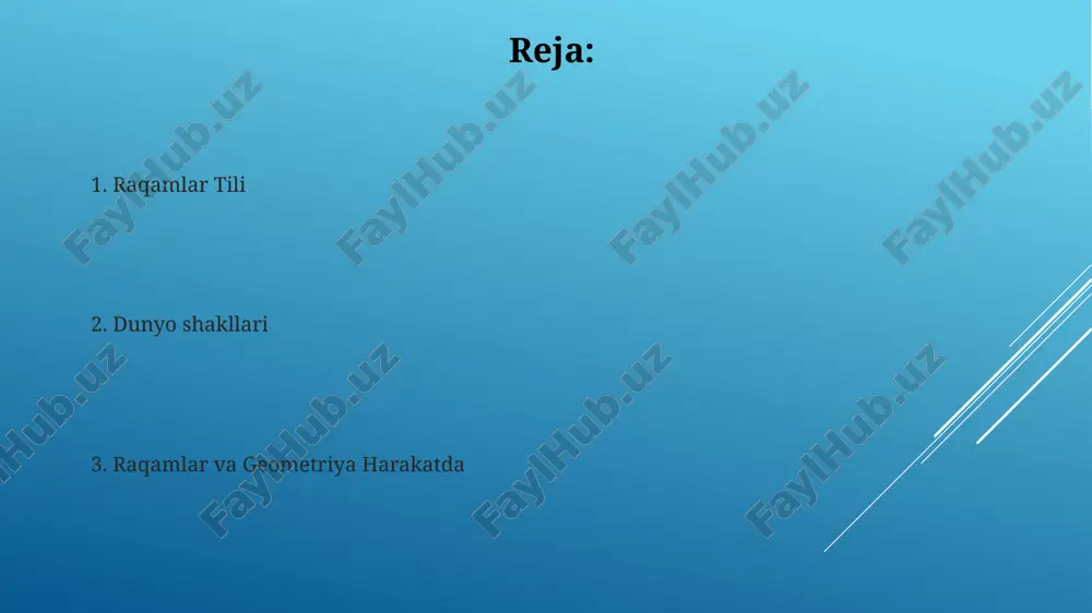 mlardan foydalanib, uzunlik, og'irlik va vaqt kabi miqdorlarni tasvirlaydi. hisoblash va ehtimollik raqamlar: tabiiy sonlar, butun sonlar, butun sonlar, ratsional sonlar va irratsional sonlarni o'z ichiga olgan miqdorlar va qiymatlarni ifodalaydi. sanoq va ehtimollik: mumkin bo'lgan natijalar sonini va muayyan hodisalar sodir bo'lish ehtimolini aniqlash bilan shug'ullanadi. maydon va perimetr maydon ikki o'lchovli shakl ichidagi bo'shliqni o'lchaydi, perimetr esa uning chegarasi bo'ylab umumiy masofani o'lchaydi. geometrik shakllar ikki o'lchovli shakllar bo'lib, ular aniq xususiyatlarga ega va tomonlari va burchaklari bilan aniqlanadi. o'zgarishlar va simmetriya raqamlar va geometrik shakllar o'lchovlar orqali bog'liq, masalan, tomon uzunligi yoki uchburchakning maydoni. shakllarni o'lchami yoki shaklini o'zgartirmasdan harakatga keltirish, masalan, aylantirish, aks ettirish va siljitish kabi o'zgarishlar. sonlar nazariyasi geometrik shakllar, uchburchak, kvadrat va doira kabi shakli va o'lchamlari bilan belgilanadi. sonlar nazariyasi butun sonlarning, jumladan tub sonlar va bo'linishning xususiyatlarini o'rganadi. e'tiboringiz uchun rahmat @taqdimot_robot image1.jpg image2.jpg image3.jpg image4.jpg image5.jpg image6.jpg image7.jpg image8.jpg image9.jpg …