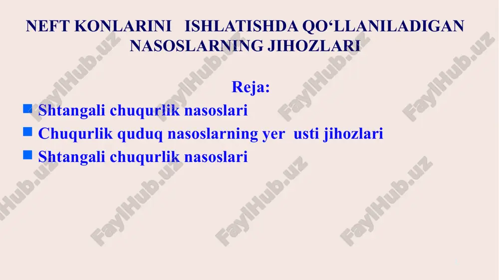 9) shatun yordamida (8) muvozanatlagichdagi (muvozanatlilik) ilgarilanma harakatni hosil qiladi. bu harakat (3) tizma shtangi orqali nasos plunjeriga (2) uzatiladi. quduq ustiga (5) uchlik (troynik) o‘rnatilgan bo‘ladi va unga neft quduqdan kirib keladi. uchtalikning yuqori qismida salnikli qurilma bo‘ladi, u orqali yuqori shtanga (polirovkali shtok) o‘tkazilgan va u quduq ustining germetikligini ta’minlaydi hamda nasos qurilmasi ishlab turganda neftni oqib ketishiga yo‘l qo‘ymaydi. 4 5 1-rasm. shtangali chuqurlik nasosini qurilmasini ishlatish sxemasi: 1-chuqurlik nasosning plunjeri; 2-plunjer nasosi; 3-shtanga; 4-nkq; 5-uchtalik; 6-salnik; 7-shtok dastgohining muvozanatlagichi; 8-kalpak; 9-shatun; 10-krivoship; 11-elektrdvigatel; 12-reduktor chuqurlik quduq nasoslarning yer usti jihozlari quduqning usti jihozi quvurlar oralig‘idagi fazoni germetiklash, nkqning ichki bo‘shlig‘ini, quduqning mahsulotini chiqarib yuborish, nkqni osib qo‘yish hamda texnologik operatsiyalarni, ta’mirlash ishlarini va quduqda tadqiqot ishlarini olib borishga mo‘ljallangan. quduq usti jihoziga nkqning tizmasi konstruksiyasiga bog‘liq holda quvurchadagi planshaybaga yoki osma quvurning korpusiga osib qo‘yiladi. quduq usti shtokini zichlashda sus1 yoki sus2 turidagi quduq usti sal’niki …