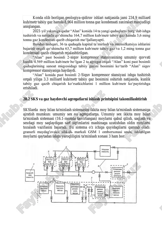 atildi. “alan” koni past bosimli siquv kompressor stansiyasi “oʻzbekneftgaz” aj, “natural gaz-stream” qoʻshma korxonasi, “eriell oilfield services middle east dmcc” kompaniyalari hamkorligida amalga oshirilgan boʻlib umumiy qiymati 75,12 million dollarni tashkil etadi. muborak neft va gaz qazib chiqarish boshqarmasining “alan” siquv kompressor stansiyasi kunlik 9,137 million metr/kubgacha sanoat gazini utilizatsiya qilish qobiliyatiga ega boʻlib, “alan” past bosimli 2-siquv kompressor stansiyasi (2- sks) loyiha hujjatlari ishlab chiqildi va qurilish-montaj ishlari yakuniga yetkazilib ishlab chiqarishga joriy etildi. 2021-yilda ushbu kondan 2,771 milliard kub/metr tabiiy gaz va 69,6 ming tonna gaz kondensati qazib olish rejalashtirilgan. https://uz.wikipedia.org/wiki/gaz https://uz.wikipedia.org/wiki/kislorod https://uz.wikipedia.org/wiki/azot https://uz.wikipedia.org/wiki/vodorod https://uz.wikipedia.org/wiki/ammiak https://uz.wikipedia.org/wiki/suv https://uz.wikipedia.org/wiki/havo https://uz.wikipedia.org/wiki/kanalizatsiya https://uz.wikipedia.org/wiki/bug%ca%bb konda olib borilgan geologiya-qidiruv ishlari natijasida jami 234,9 milliard kub/metr tabiiy gaz hamda 8,964 million tonna gaz kondensati zaxiralari mavjudligi aniqlangan. 2021-yil yakuniga qadar “alan” konida 14 ta yangi quduqlarni burgʻilab ishga tushirish va natijada qoʻshimcha 164,7 million kub/metr tabiiy gaz hamda 3,6 ming tonna gaz kondensati qazib chiqarish …