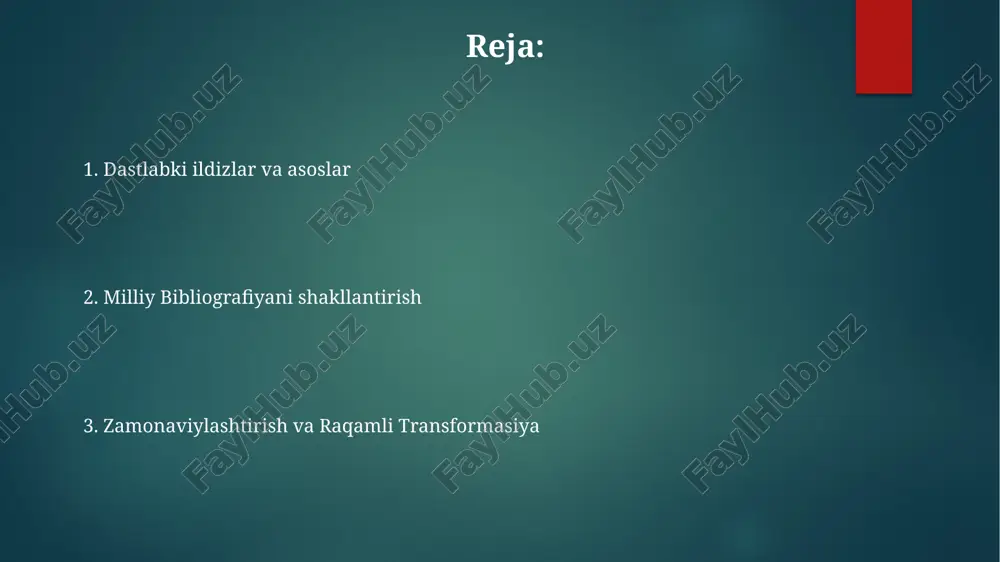 a olimlar o'rtasidagi hamkorlikni kuchaytirish zarurati. to'liq va standartlashtirilgan bibliografik ma'lumotlar bazalari yo'qligi. raqamli bibliografiyaning yükselishi raqamli bibliografiyaning rivojlanishi o'zbek bibliografik tadqiqotlarida kirish, hamkorlik va saqlash uchun yangi imkoniyatlarni ochdi. erta oʻzbek bibliografiyasi bosma materiallarni kataloglashga yoʻnaltirilgan boʻlib, keyinchalik qoʻlyozmalar va boshqa shakllarni qamrab olgan. hozirgi o'zbek bibliografiyasi raqamlashtirish harakatlari, onlayn platformalar bilan integratsiya va yangi texnologiyalardan foydalanish bilan tavsiflanadi. sovet davri va uning ta'siri mustaqillikdan keyin o'zbek bibliografiyasi zamonaviy muammolar va raqamli resurslarni o'z ichiga olgan holda, ko'proq xilma-xil mavzularda rivojlandi. sovet davri: sovet hukmronligi standartlashtirish, markazlashtirilgan nazorat va sovetga tegishli boʻlmagan materiallarni bostirishni oʻz ichiga olgan. o'zbek bibliografiyasi erta islomshunoslik bilan boshlangan, keyinchalik milliy g'oya va tarixga e'tibor qaratilgan. e'tiboringiz uchun rahmat @taqdimot_robot image1.png image2.png image3.png image4.png image5.png image6.png image7.png image8.png image9.png image10.png