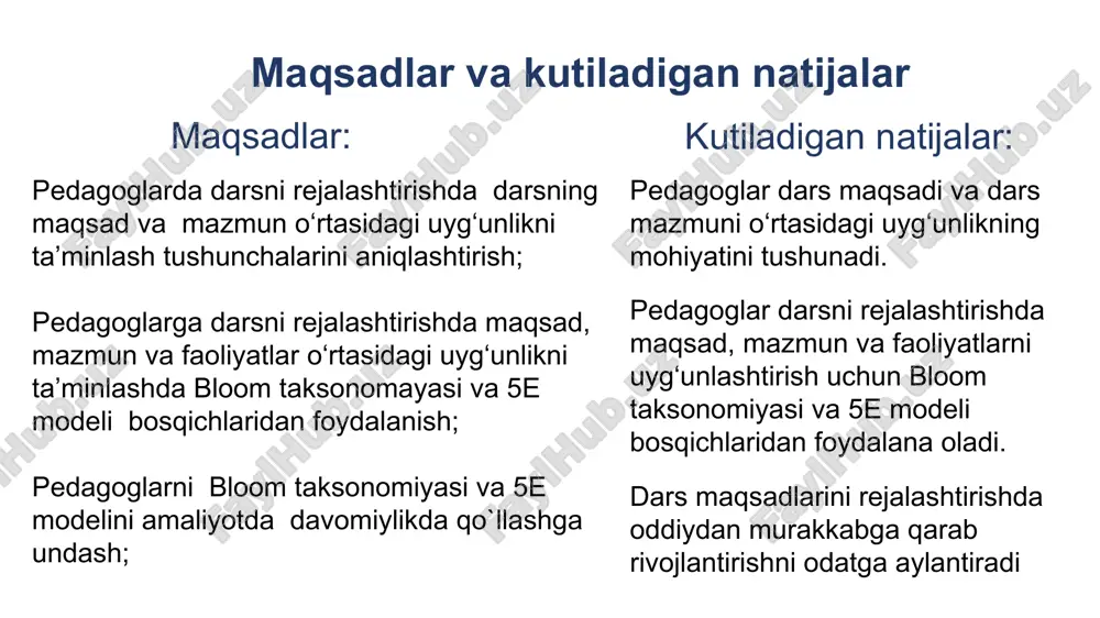 di.” o‘quv maqsadlari nima? o‘quv maqsadlari — bu dars yoki kurs oxiriga kelib o‘quvchilar nimani bilishi yoki nima qila olishini aniq ifodalovchi bayonotlardir. ular darsni loyihalashning barcha boshqa jihatlari uchun asos bo‘lib xizmat qiladi. maqsadlarning ahamiyati ular butun darsni loyihalash jarayoniga yo‘nalish beradi. ular mazmun, faoliyatlar va baholash vositalarini tanlashga yo‘llanma bo‘ladi. ular o‘quv jarayonida izchillik yaratadi. ular o‘qituvchilarga maqsadli, samarali va ta’sirchan ta’lim jarayonini loyihalashga yordam beradi. moslik — muhim omil maqsadlar mazmun va faoliyatlar bilan aniq mos kelganda, o‘quvchilar o‘z ishining dolzarbligini ko‘ra oladi, o‘qituvchilar esa yanada samarali ta’lim tajribasini loyihalashlari mumkin. yaxshi ishlab chiqilgan dars barcha o‘quv komponentlarini qo‘llab-quvvatlaydigan aniq maqsadlarga ega bo‘ladi. o`quv maqsadlari tarkib mashqlar natijalar o`quvchi yutuqlari bilish darajalari yaratish baholash tahlil qilish qo‘llash tushunish eslab qolish bilish darajalari.blum taksonomiyasi o‘quvchilardan kutiladigan o‘qish chuqurligini tasniflash uchun tuzilma beradi. uning yangilangan shaklida blum taksonomiyasining kognitiv sohasi past darajadagi fikrlash ko‘nikmalaridan yuqori darajadagisigacha tartiblangan oltita bosqichdan …