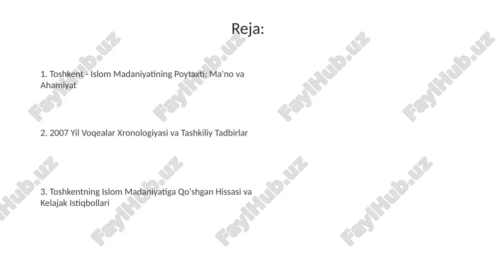 ildagi tadbirlar: asosiy voqealar va loyihalar 2007-yilda islom madaniyati poytaxti maqomi doirasida "toshkent – tinchlik va totuvlik shahri" shiori ostida 100 dan ortiq tadbir va loyihalar amalga oshirildi. "qur'oni karim"ning nodir nusxalari ko'rgazmasi va "islom yozuvi san'ati" festivali kabi yirik xalqaro madaniy tadbirlar tashkil etildi, ularda 30 dan ortiq mamlakat vakillari ishtirok etdi. 2007-yilda imom al-buxoriy majmuasida keng ko'lamli rekonstruksiya ishlari olib borildi va 9-asr yodgorligini tiklash bo'yicha muhim loyiha amalga oshirildi. islom merosining toshkentda saqlanishi va targʻibi toshkent islom universiteti, 1999-yilda tashkil etilgan, islomiy merosni oʻrganish va targʻib qilish boʻyicha 10 dan ortiq markaz va kafedralarga ega. hazrati imom majmuasi, 16-asrda bunyod etilgan, qur'onning noyob nusxasi – usmon mushafi saqlanadi, bu merosni asrashning muhim namunasi. oʻzbekiston musulmonlari idorasi, 1943-yilda tashkil etilgan, islomiy merosni oʻrganish va ommalashtirish boʻyicha koʻplab nashrlar chop etadi. madaniy boyliklar: masjidlar, madrasalar va qadimiy qoʻlyozmalar hazrati imom majmuasi x-xi asrlarga oid noyob qoʻlyozmalarni saqlaydi, jumladan, usmon …