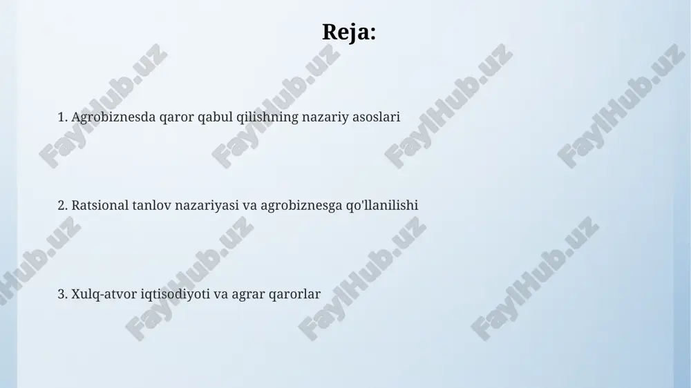 (0 dan 1 gacha) usullari qo'llaniladi. xatar sharoitida qaror qabul qilishda kutilayotgan pul qiymati (emv) va kutilayotgan foydali qiymati (euv) usullari qo'llaniladi, bu yerda ehtimolliklar aniq ma'lum. e'tiboringiz uchun rahmat image4.png image5.png image1.jpeg