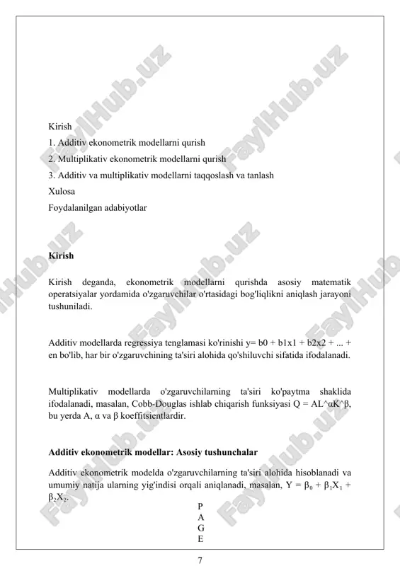 i tekshirish additivlik taxminlarini tekshirish uchun qoldiq grafiklaridan foydalaniladi; masalan, qoldiqlarni bashorat qilingan qiymatlarga qarshi chizish additiv bo'lmagan munosabatlarni aniqlaydi. ramsey ning reset testi additivlikni baholaydi, modelga bashorat qilingan qiymatlarning kvadratlari va kublarini kiritadi, p-qiymati 0.05 dan past bo'lsa, additivlik yo'qligini ko'rsatadi. box-cox transformatsiyasi o'zgaruvchilarni additivlikni yaxshilash uchun ishlatiladi; lambda qiymati 1 bo'lsa o'zgarishsiz qoladi, 0 bo'lsa logarifmik o'zgarishni anglatadi. multiplikativ ekonometrik modellar: asosiy tushunchalar multiplikativ ekonometrik modellarda, o'zgaruvchilarning ta'siri ko'paytiruvchi shaklda ifodalanadi, masalan, y = a * x1^b1 * x2^b2, bu erda a, b1, b2 parametrlar. ushbu modellar, odatda, logarifmik shaklga o'tkaziladi (ln(y) = ln(a) + b1*ln(x1) + b2*ln(x2)), bu esa ularni linear regression usullari bilan baholash imkonini beradi. multiplikativ modellar elastiklikni baholash uchun qulaydir; masalan, x1 ning y ga nisbatan elastikligi b1 ga teng, bu x1 1% ga o'zgarganda y ning necha foizga o'zgarishini ko'rsatadi. multiplikativ modelni shakllantirish bosqichlari multiplikativ modelning birinchi bosqichi, 0-bosqich, o'zgaruvchilarning o'zaro bog'liqligini aniqlash …