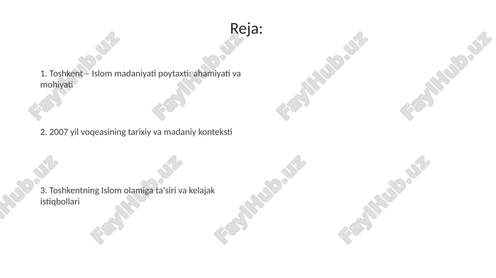 malga oshirishni rejalashtirmoqda, bu esa turizmni rivojlantirishga yordam beradi. toshkentning 2007-yilda islom madaniyati poytaxti deb e'lon qilinishi, 1000 yildan ortiq tarixga ega bo'lgan islom merosini qayta tiklashga turtki bo'ldi. e'tiboringiz uchun rahmat image3.png image1.jpeg image2.jpeg