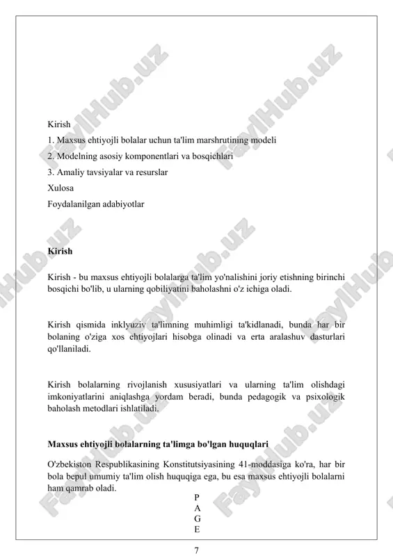 moyillari inklyuzivlik tamoyili, har bir bolaning o'ziga xos ehtiyojlarini qondirish va 100% ta'lim olish imkoniyatini ta'minlashga qaratilgan muhim asosdir. individual yondashuv tamoyili, bolaning rivojlanish darajasini hisobga olgan holda, 3-5 yillik shaxsiy ta'lim rejasini ishlab chiqishni nazarda tutadi. hamkorlik tamoyili ota-onalar, o'qituvchilar va mutaxassislar o'rtasida doimiy aloqani o'rnatish orqali 7/24 bolaga kompleks yordam berishni anglatadi. ta'lim marshrutining bosqichlari ta'lim marshrutining 1-bosqichi diagnostika bo'lib, bunda bolaning jismoniy, psixologik va kognitiv rivojlanish darajasi aniqlanadi, shu jumladan, 2-3 mutaxassis xulosasi olinadi. 2-bosqichda shaxsiy ta'lim dasturi tuziladi, bunda bolaning ehtiyojlari va qobiliyatlari inobatga olinib, 3-5 yilga mo'ljallangan aniq maqsadlar belgilanadi. monitoring va baholash 3-bosqichda doimiy ravishda olib boriladi, har 6-12 oyda natijalar tahlil etilib, o'quv jarayoniga zaruriy tuzatishlar kiritiladi. baholash va diagnostika baholash va diagnostika, individual ta'lim rejasini (itr) tuzish uchun bolaning rivojlanish darajasi va ehtiyojlarini aniqlashda muhim rol o'ynaydi, masalan, nutq, harakat, bilish sohalarida. diagnostika jarayoni turli xil testlar, kuzatuvlar va intervyular orqali amalga …