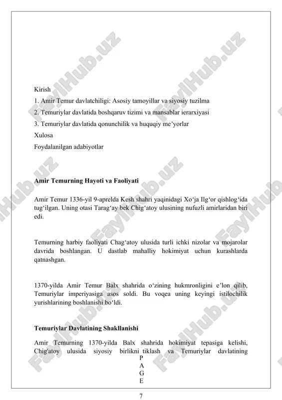 tlashib, kengashlar o'tkazgan. markaziy boshqaruv tizimi amir temur davlat boshqaruvida hokimiyatni markazlashtirishga intildi, bu esa *devon* tizimini takomillashtirish va *amirul-umaro* lavozimini mustahkamlash orqali amalga oshirildi. markaziy boshqaruvning asosiy unsurlaridan biri *devonxona* boʻlib, u davlatning moliyaviy va maʼmuriy ishlarini nazorat qilgan. *devon* tarkibiga vazirlar va yirik amaldorlar kirgan. temuriylar davrida *mulkdorlik* va *iqto* tizimlari markaziy hokimiyat nazoratida boʻlgan. bu orqali davlat yer soliqlaridan tushgan daromadni toʻliq nazorat qila olgan. viloyat boshqaruvi viloyat boshqaruvida amir temur hokimiyatni markazlashtirishga intilib, 12 ta asosiy viloyatni shakllantirdi va ularga tajribali amirlarni noib etib tayinladi. har bir viloyatda soliq yig'ish, harbiy safarbarlik va obodonlashtirish ishlari noib tomonidan nazorat qilinib, markaziy hokimiyatga hisobot berish tizimi mavjud edi. viloyat boshqaruvida adolatni ta'minlash uchun qozilar tayinlangan bo'lib, ular shariat qonunlari asosida ish yuritgan va amir temur tomonidan doimiy nazorat qilingan. harbiy tuzilma va strategiya amir temur armiyasi oʻnlik, yuzlik, minglik va oʻn minglik (tuman) kabi oʻnlik tizimga asoslangan boʻlib, …