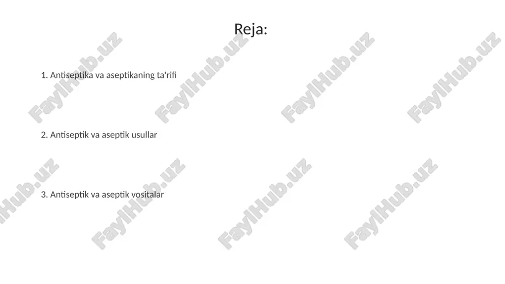 etil spirti shunday ta'sir qiladi. ba'zi antiseptiklar, masalan, oksidlovchi moddalar (3% vodorod peroksid), mikroblarning muhim oqsillarini denaturatsiyalaydi va ularning funktsiyalarini yo'q qiladi, bu esa hujayraning o'limiga olib keladi. aseptik usullar aseptik usullar jarrohlik asboblarini 121°c da kamida 15 daqiqa davomida avtoklavlashni o'z ichiga oladi, bu esa barcha mikroorganizmlar, shu jumladan sporalar yo'q qilinishini ta'minlaydi. aseptik texnika steril qo'lqoplar va xalatlardan foydalanishni talab etadi, bu esa steril muhitni saqlashga yordam beradi va bemorga mikroblar tushishining oldini oladi. jarrohlik amaliyotida antiseptika va aseptika antiseptika jarrohlik sohasida mavjud mikroorganizmlarni yo'q qilish yoki ularning o'sishini to'xtatish uchun kimyoviy moddalardan foydalanadi, masalan, 70% izopropil spirti teri dezinfeksiyasi uchun. jarrohlik amaliyotida aseptika 1867-yilda lister tomonidan kiritilgan boʻlib, unda mikroorganizmlar tushishining oldini olish uchun sterilizatsiya va dezinfeksiya kabi usullar qoʻllaniladi. tibbiyotda qo'llaniladigan antiseptiklar yodning 5% li spirtli eritmasi terining kichik jarohatlarini davolashda keng qo'llaniladi, u mikroblarni o'ldiradi va yallig'lanishni kamaytiradi. vodorod peroksidining 3% li eritmasi yaralarni tozalash …