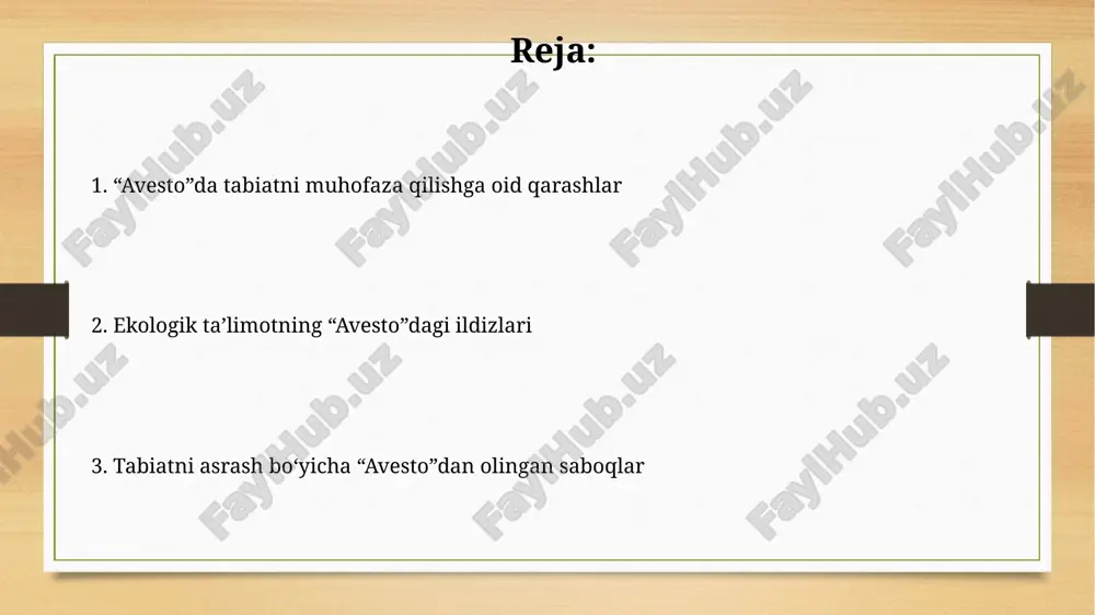 irish bilan teng deb hisoblanadi va bu katta gunoh sanalib, jiddiy jazoga olib keladi. amaliy konservatsiya amaliyotlari avestoda avestoda qishloq xo‘jaligi yerlarining 1/3 qismi o‘rmonzorlar bilan qoplangan bo‘lib, bu tuproq eroziyasining oldini olish va suv resurslarini saqlashga qaratilgan muhim amaliyot edi. avestoda hayvonlarni himoya qilishga qaratilgan ko'plab qonunlar mavjud bo'lib, ular orasida homilador hayvonlarni ovlash taqiqlangan va bu turpopulyatsiyasini saqlash uchun qilingan. avestoning zamonaviy ekologik muammolarga tegishliligi avestoning tozalik konsepsiyasi, ayniqsa 'druj' (buzilish) ga qarshi kurash, zamonaviy ifloslanish va ekotizim degradatsiyasi muammolariga bevosita aloqador bo'lib, atrof-muhitga hurmatni targ'ib qiladi. avestoda o'simliklar va hayvonlarga bo'lgan hurmat, 'yasna'da tasvirlanganidek, biologik xilma-xillikni saqlashning zamonaviy ahamiyatini aks ettiradi, bu esa barqaror ekologik amaliyotlarni qo'llab-quvvatlaydi. avesto matnlarida barqarorlik tamoyillari avestoda atrof-muhit barqarorligi, masalan, suvni ifloslantirganlarga qattiq jazo choralari belgilangan, bu esa suv resurslarini himoya qilishning muhimligini ko'rsatadi. dehqonchilik va chorvachilik avestoda hurmatga sazovor bo'lib, yerga g'amxo'rlik qilish va hosildorlikni oshirishga qaratilgan amaliyotlar barqaror qishloq xo'jaligining …