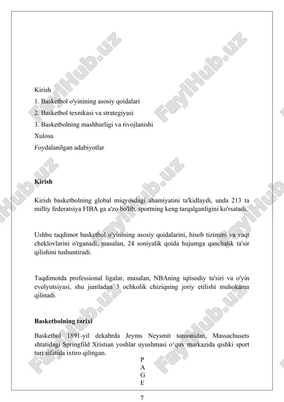 ullar mavjud, masofani hisobga olgan holda. dribling, to‘pni nazorat qilish uchun muhim, barmoq uchlari bilan to‘pni tepaga va pastga itarishni o‘z ichiga oladi va harakatda yoki statsionar holatda 2 xil uslubda amalga oshiriladi. savatchaga tashlash texnikasi (brosok) muhim, bunda 2 ochkolik tashlash, 3 ochkolik tashlash va jarima tashlashlar mavjud, ularning har biri turli masofadan va 3 xil nuqtadan amalga oshiriladi. hujum taktikalari tezkor hujum – bu himoyachilar tartibga kelishidan oldin to‘pni tezda oldinga olib chiqish, 2 yoki 3 o‘yinchidan iborat dinamik hujumlar bilan raqibni hayratda qoldirish. pozitsion hujum taktikasi 5 o‘yinchi orasida to‘pni maydon bo‘ylab harakatlantirib, himoyada zaif joylarni izlash va 1 ga 1 vaziyatlarda ustunlik yaratishga qaratilgan. «pick-and-roll» – bu ikki o‘yinchi o‘rtasidagi kombinatsiya bo‘lib, markaziy o‘yinchi himoyachiga to‘siq qo‘yadi, shundan so‘ng to‘p bilan o‘ynayotgan o‘yinchi yo‘lini davom ettiradi. himoya taktikalari shaxsiy himoyada har bir himoyachi o'zining raqibini, to'p bilan yoki to'psiz bo'lishidan qat'i nazar, yaqindan kuzatib boradi va …