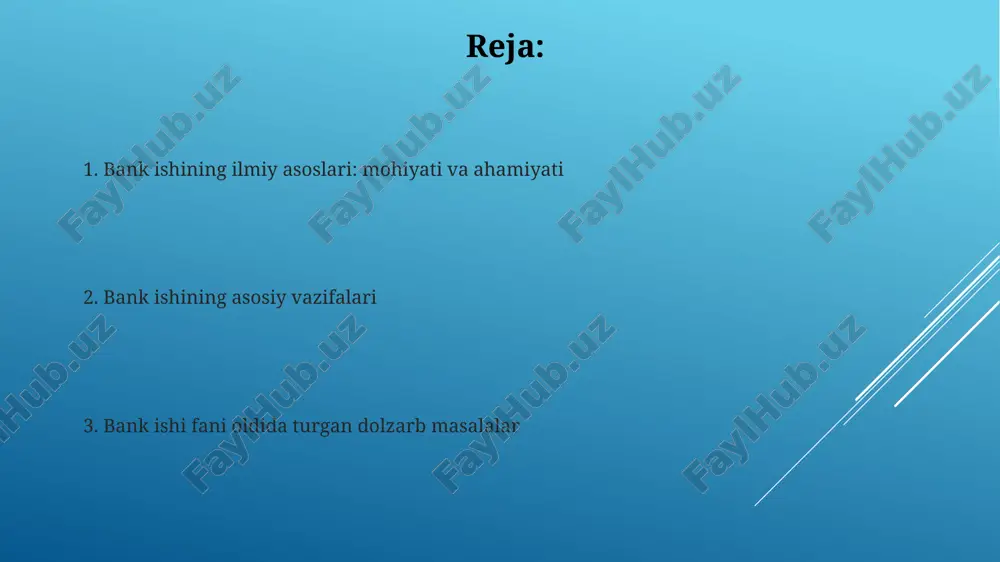 ki undan ortiq asosiy jarayonlarni real vaqt rejimida monitoring qilish va baholashga qaratilgan empirik tadqiqot usulidir. bank ishi ilmining boshqa fanlar bilan aloqasi bank ishi ilmi iqtisodiyot nazariyasi bilan chambarchas bog'liq, chunki u pul-kredit siyosati va bank aktivlarining samarali boshqaruvini tahlil qilishda yordam beradi. statistika fanlari bank ishi ilmi uchun muhimdir, chunki bank ma'lumotlari va operatsiyalarini baholash uchun statistik modellar va tahlillar qo'llaniladi. bank ishi ilmining rivojlanish tarixi bank ishining rivojlanishi ilk o'rta asrlarda lombardiya va venetsiyada boshlangan, unda savdogarlar kredit operatsiyalarini amalga oshirganlar. xvii asrda amsterdam bankining (1609) tashkil etilishi bank ishining rivojida muhim bosqich bo'ldi, bu zamonaviy bank tizimining prototipiga aylandi. o'zbekistonda bank ishi ilmining rivojlanishi o'zbekistonda bank ishi ilmi 20-asrning oxirida, mustaqillikdan so'ng, bank tizimini isloh qilish va rivojlantirish zarurati bilan kuchaydi. bank ishi ilmi o'zbek modeli asosida yaratilgan va tijorat banklari faoliyatini tahlil qilishda xalqaro tajribani qo'llashga qaratilgan. bank tizimining tuzilishi va faoliyati bank tizimi ikki …