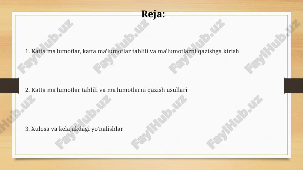 urli xil va tezkor ma'lumotlar to'plamlarining 5v (hajm, tezlik, xilma-xillik, aniqlik, qiymat) xususiyatlarini chuqur o'rganish zarur. katta ma'lumotlar analitikasi tezisi bashoratli modellashtirish, klasterlash, tasniflash kabi usullar orqali qimmatli ma'lumotlarni aniqlash va biznes qarorlarini yaxshilashga qaratilgan 7 asosiy omilni qamrab olishi kerak. e'tiboringiz uchun rahmat image3.png image4.png